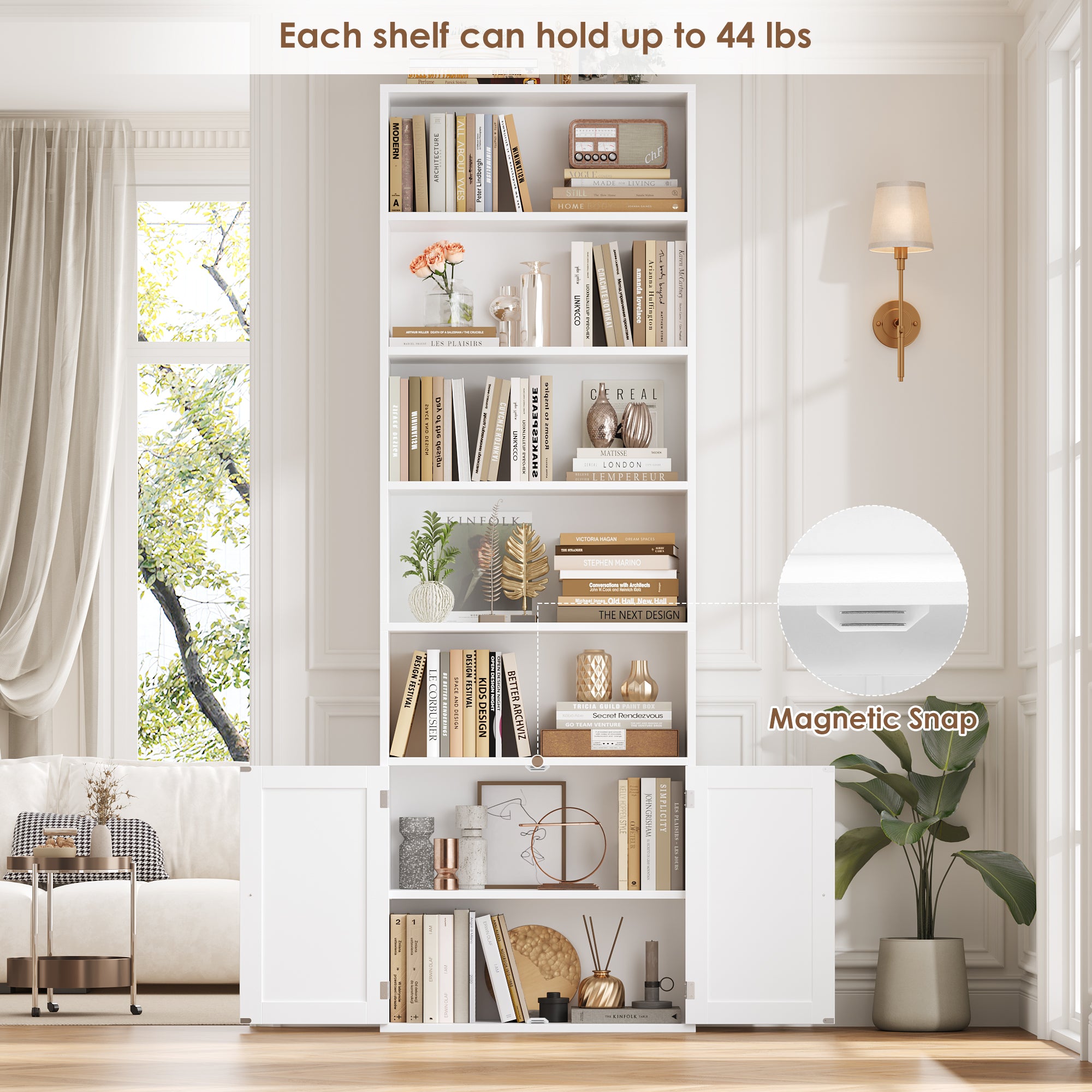 Hiphuta Dispaly Bookcase with 4 Shelves for Living Room, Wood Bookshelf with Storage, White Gold