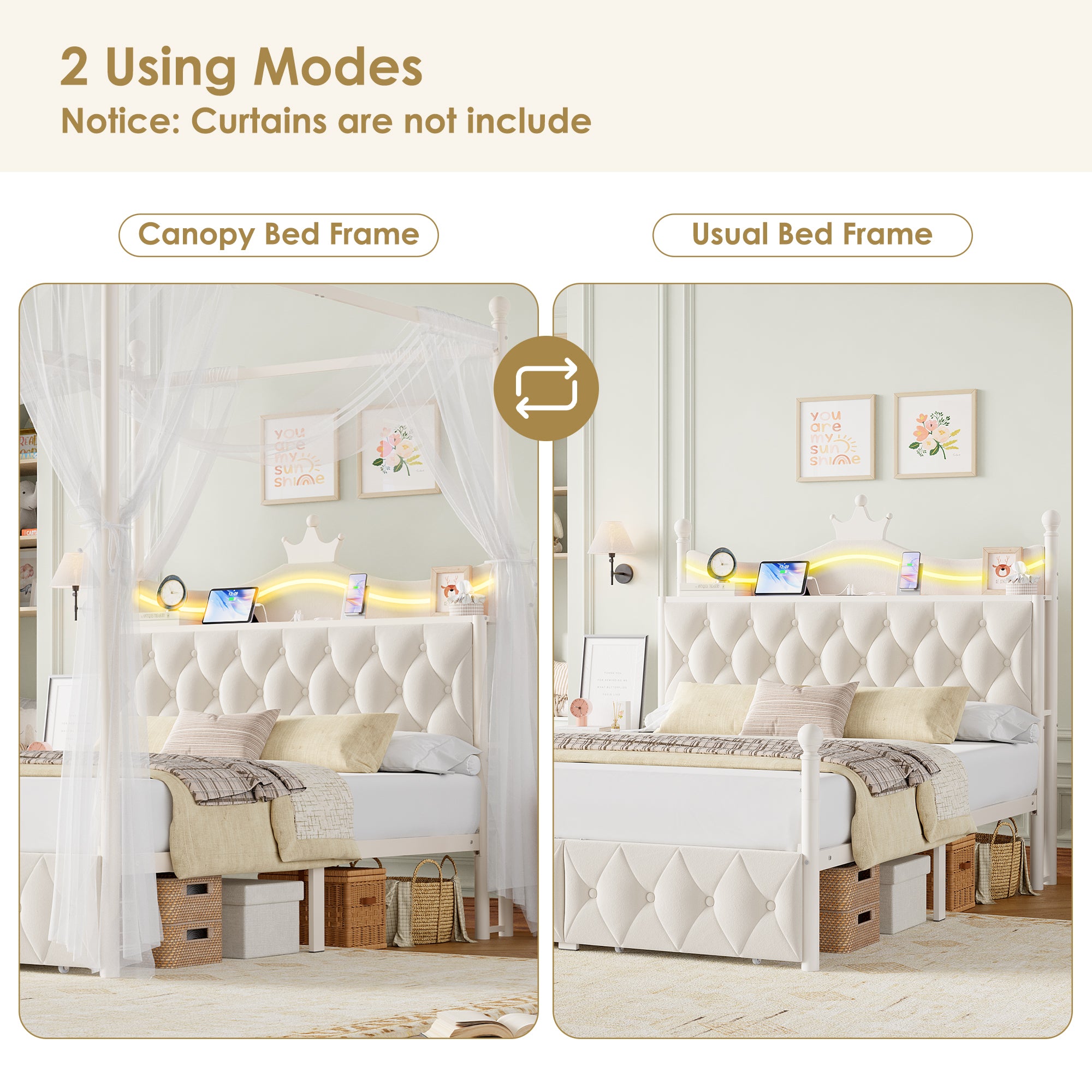 Hiphuta Full Size Crown Canopy Bed with Power Outlet & LED, Upholstered Princess Beds with 4 Removable Posts, Full Bed Frames, White