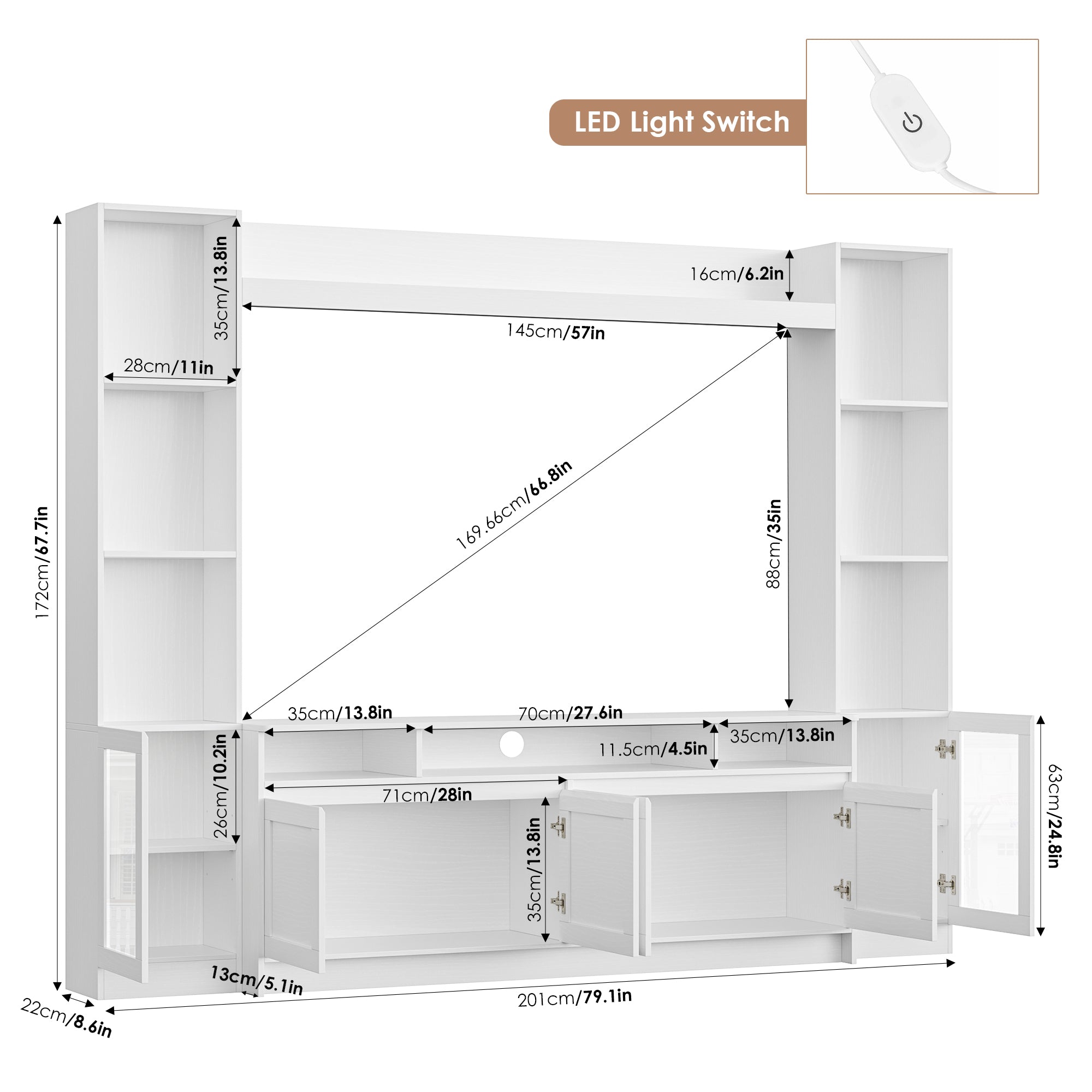Hiphuta 79" W Wall Unit Entertainment Center for TVs up to 65", Farmhouse Wall Unit TV Stand with Bookshelves and Cabinet, Entertainment Center with LED Lights for Living Room, White