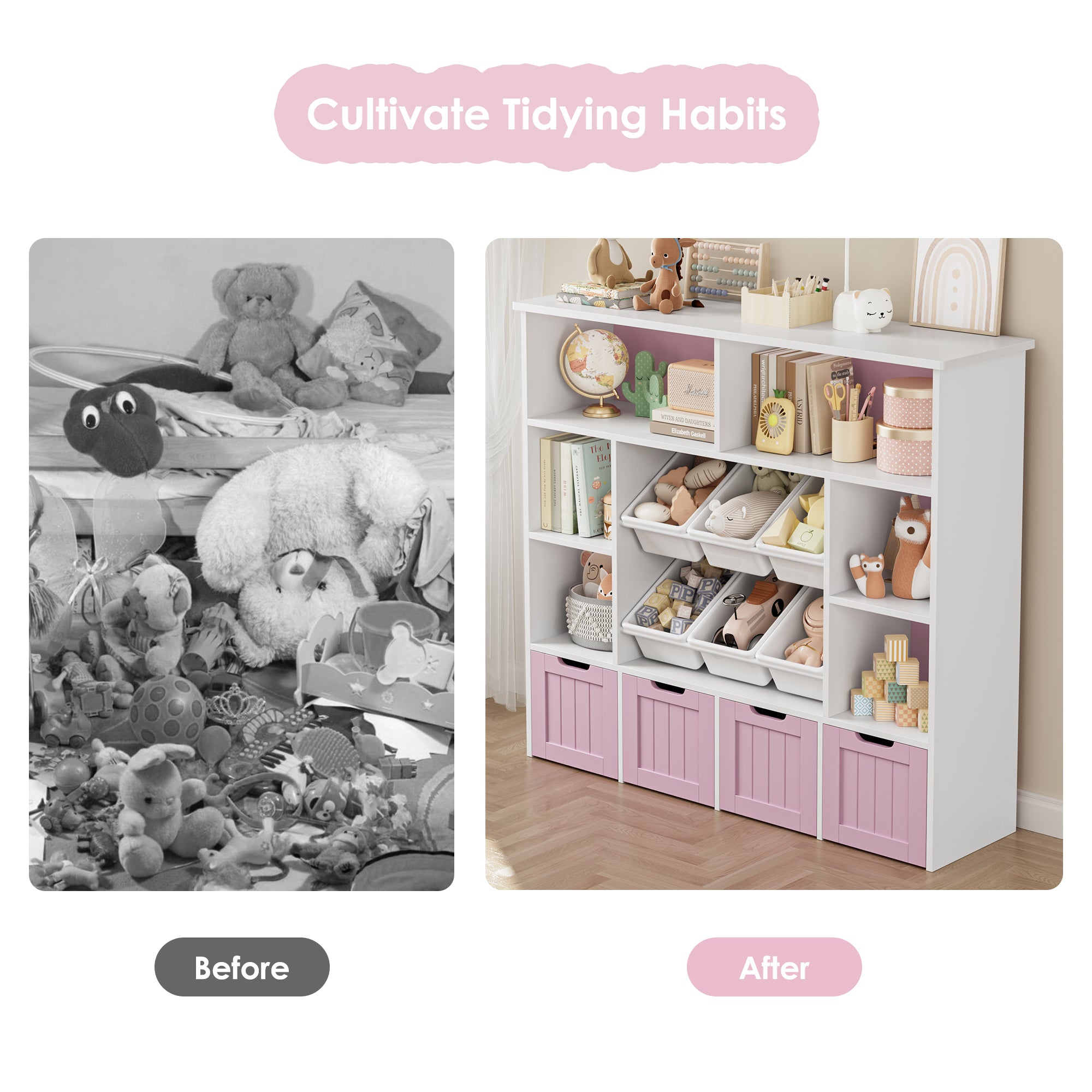 Hiphuta Large 4 Tier Kids Toy Organizer, Wood Toy Organizer of 6 Bins& 4 Removable Drawers, Children's Bookcase for Family Room, Pink