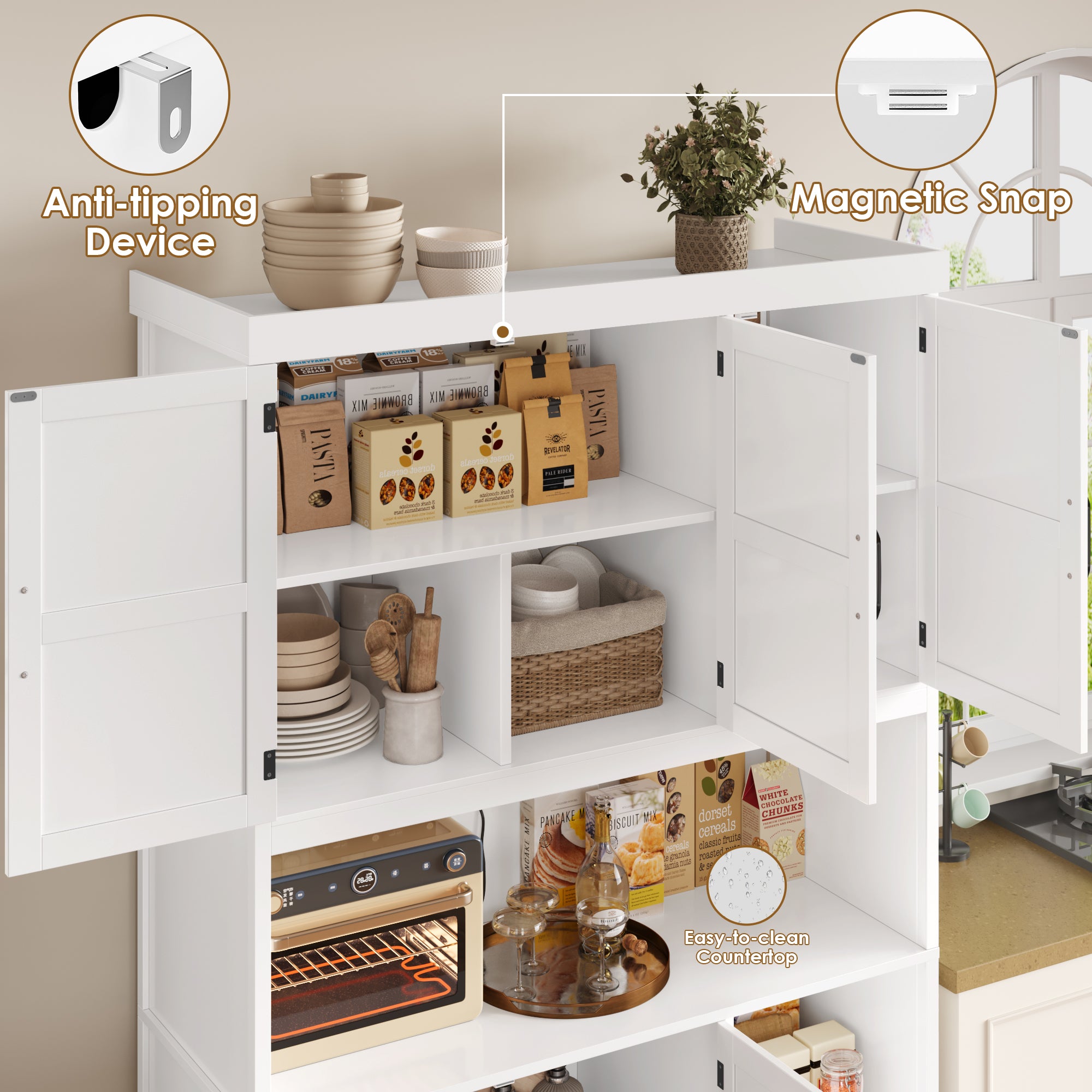 Hiphuta 76" Farmhouse Kitchen Pantry Storage Cabinet, Freestanding Hutch with 5 Doors, 2 Drawers & Microwave Stand, Cupboard for Kitchen, White