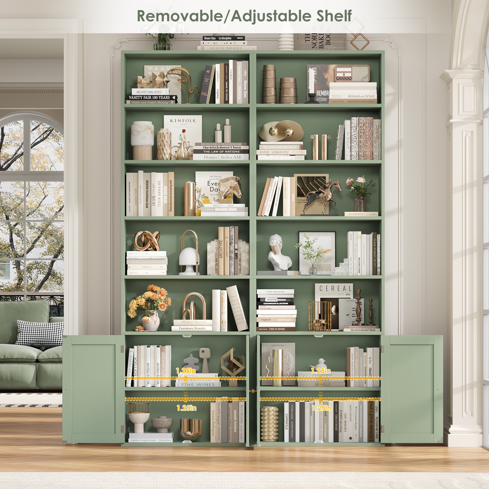 Hiphuta 81.5" Tall Bookcase with Doors, 5-Tier Bookshelves with Storage, 23.6"W Display Shelf with 2 Doors for Home Office, Living Room, Green