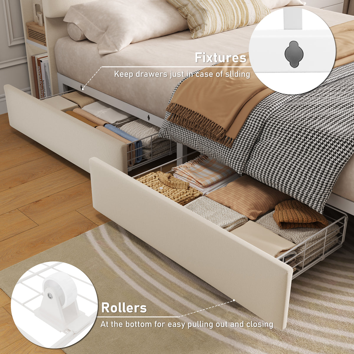 Hiphuta Queen Size Bed Frame with Storage Headboard and Side Storage Shelves, Upholstered LED Platform Bed with 2 Drawers and Charging Station, White