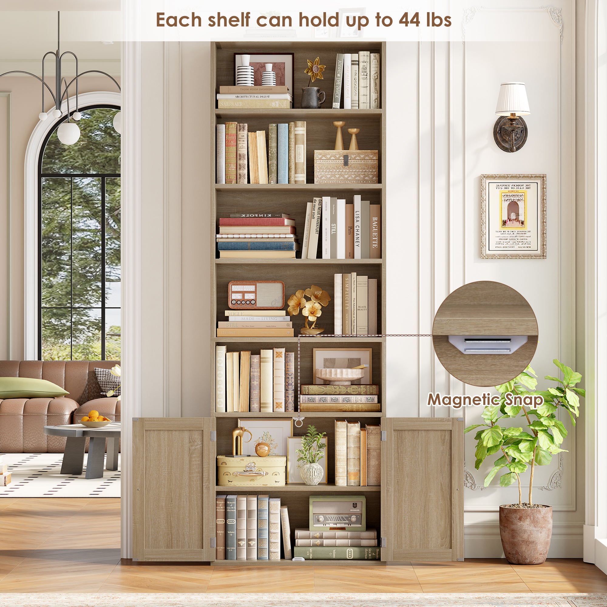 Hiphuta 82.3" Tall Bookcase with Doors, 5-Tier Bookshelves with Storage, 23.6"W Display Shelf with 2 Doors for Home Office, Living Room, Light Oak