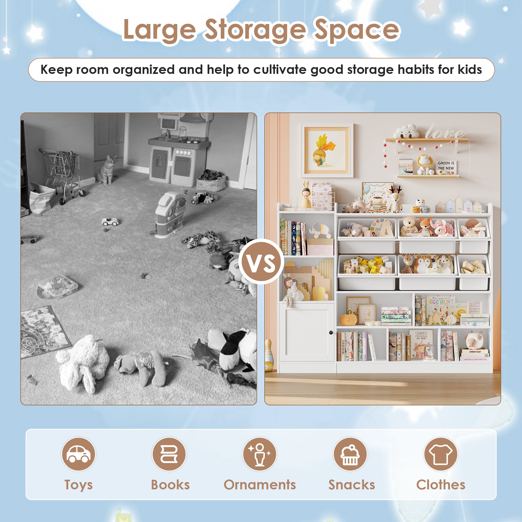 Hiphuta Kids Toy Organizer, Wood Toy Cabinet of 8 Compartments & 6 Movable Bins, White Bookshelf for Kids Bedroom