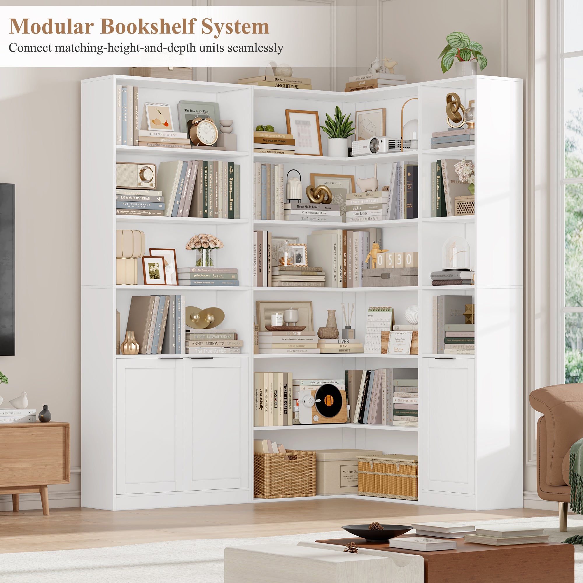 Hiphuta 74" Tall Corner Bookcase, Modern 6-Tier Corner Wooden Bookshelf, Minimalist L-Shaped Bookcase for Office Living Room, White