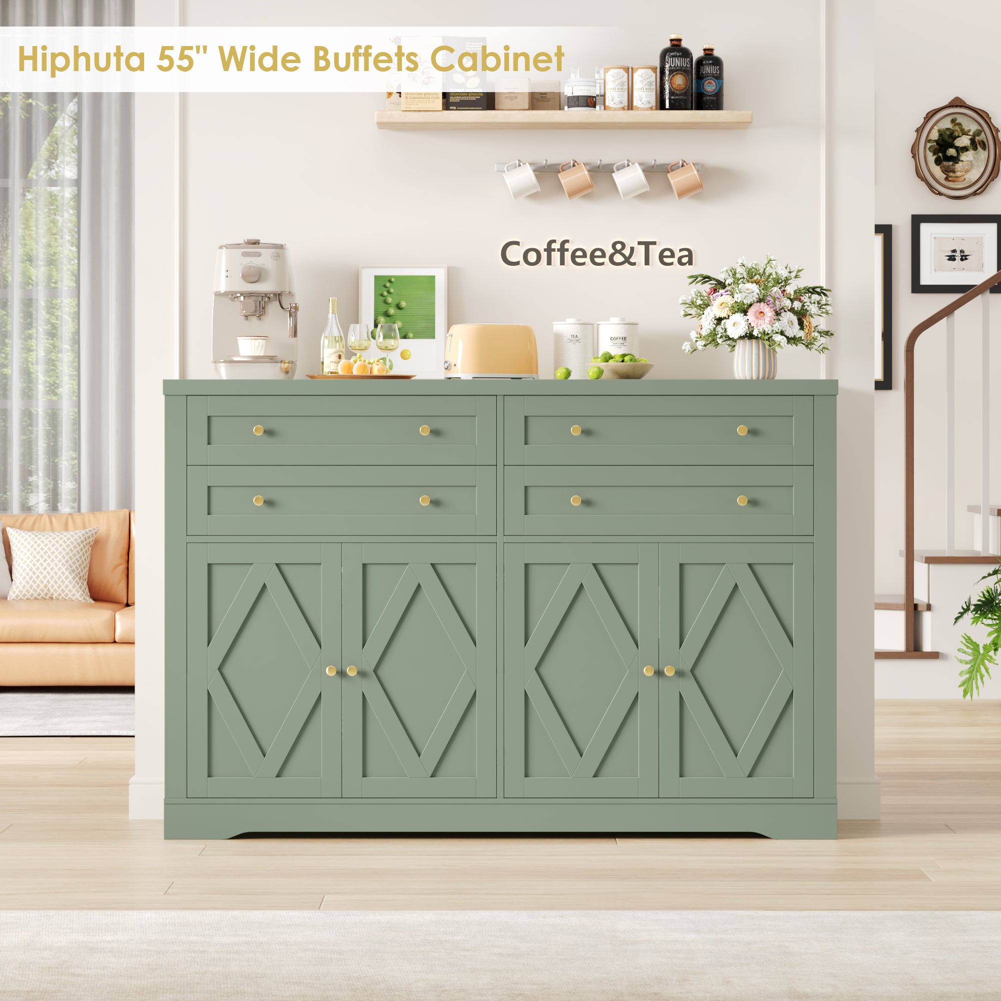 Hiphuta 55" Wide Coffee Bar with 2 Adjustable Shelves, Modern Farmhouse Sideboard Buffet with 4 Drawers for Living Room, Green