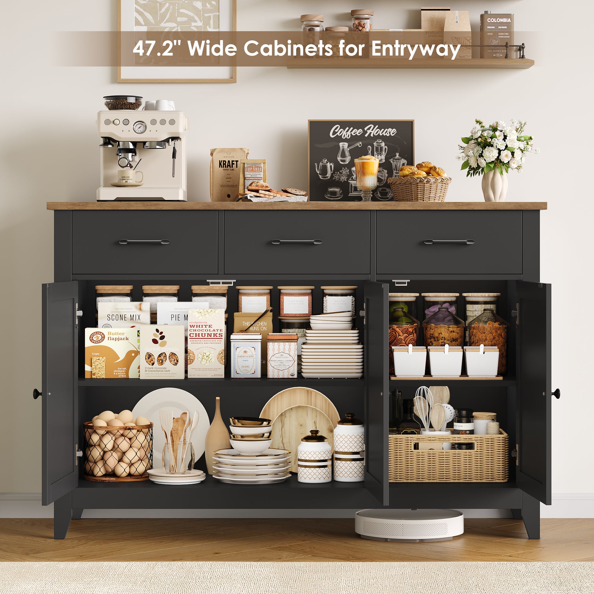Hiphuta 47"W Buffet Cabinet with Adjustable Shelf, Modern Farmhouse Coffee Bar with 3 Drawers and Sturdy Base for Small Space and Living Room, Black