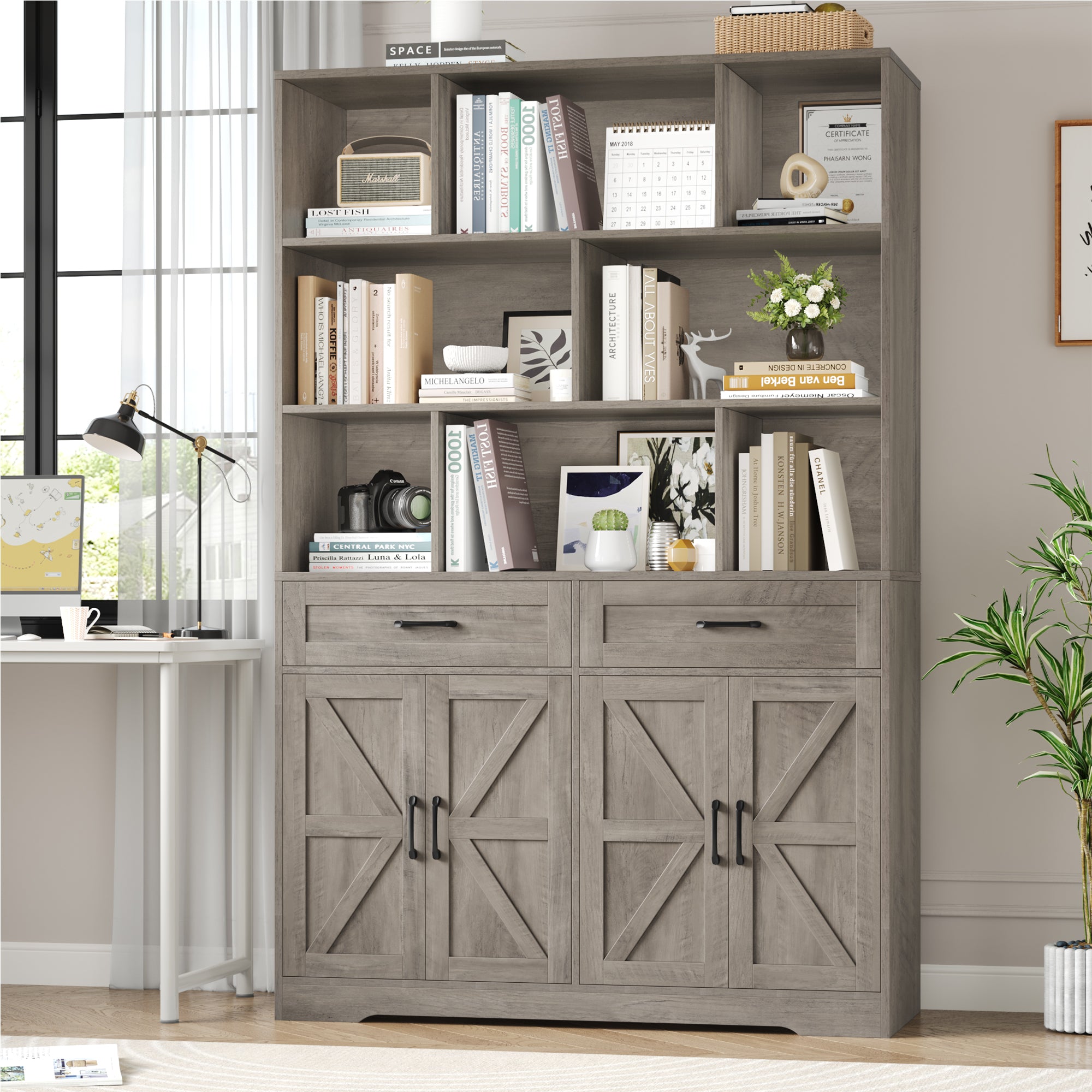 Hiphuta 6-tier Bookcase with Drawers & Doors, 71" Tall Bookcases, Wooden Storage Bookshelf for Living Room Home Office, Ash Gray