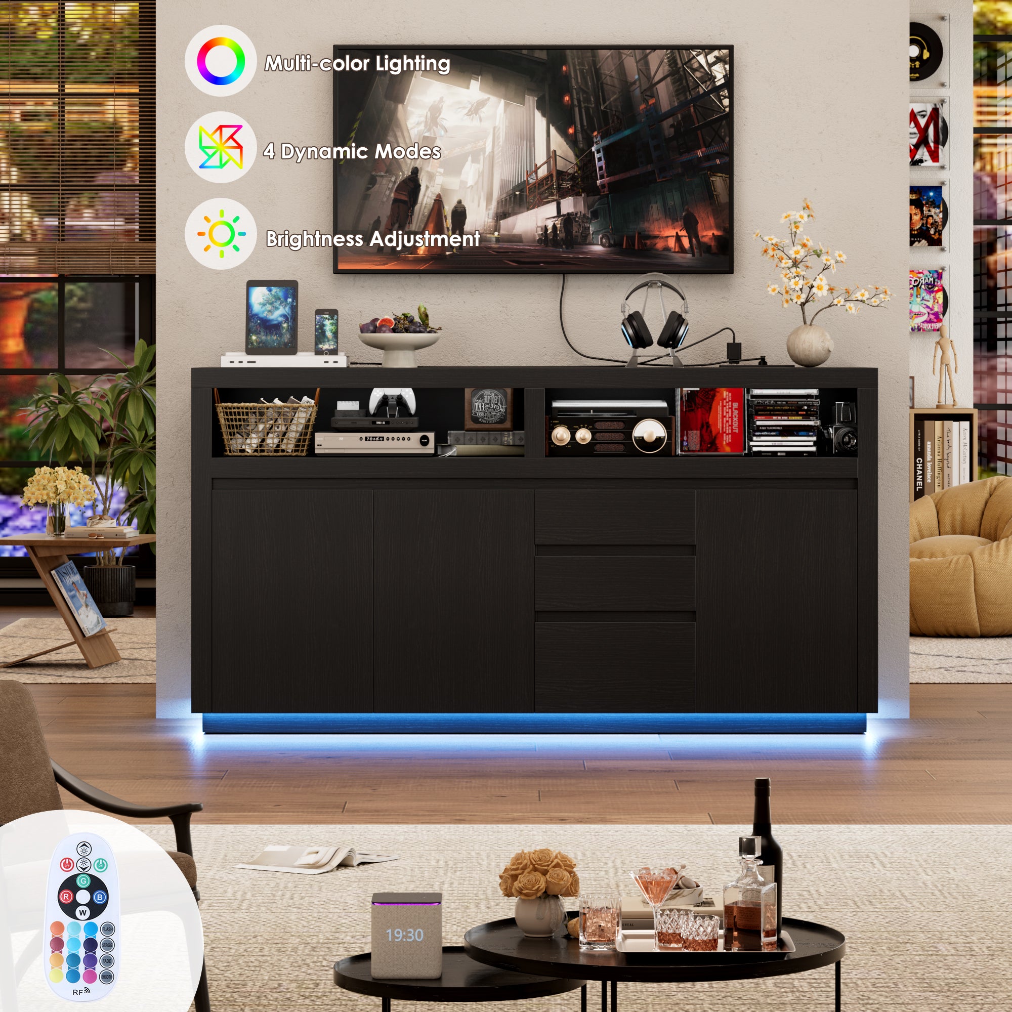 Hiphuta Farmhouse TV Stand with RGB LED, Modern Entertainment Center with Doors and Drawers, Black