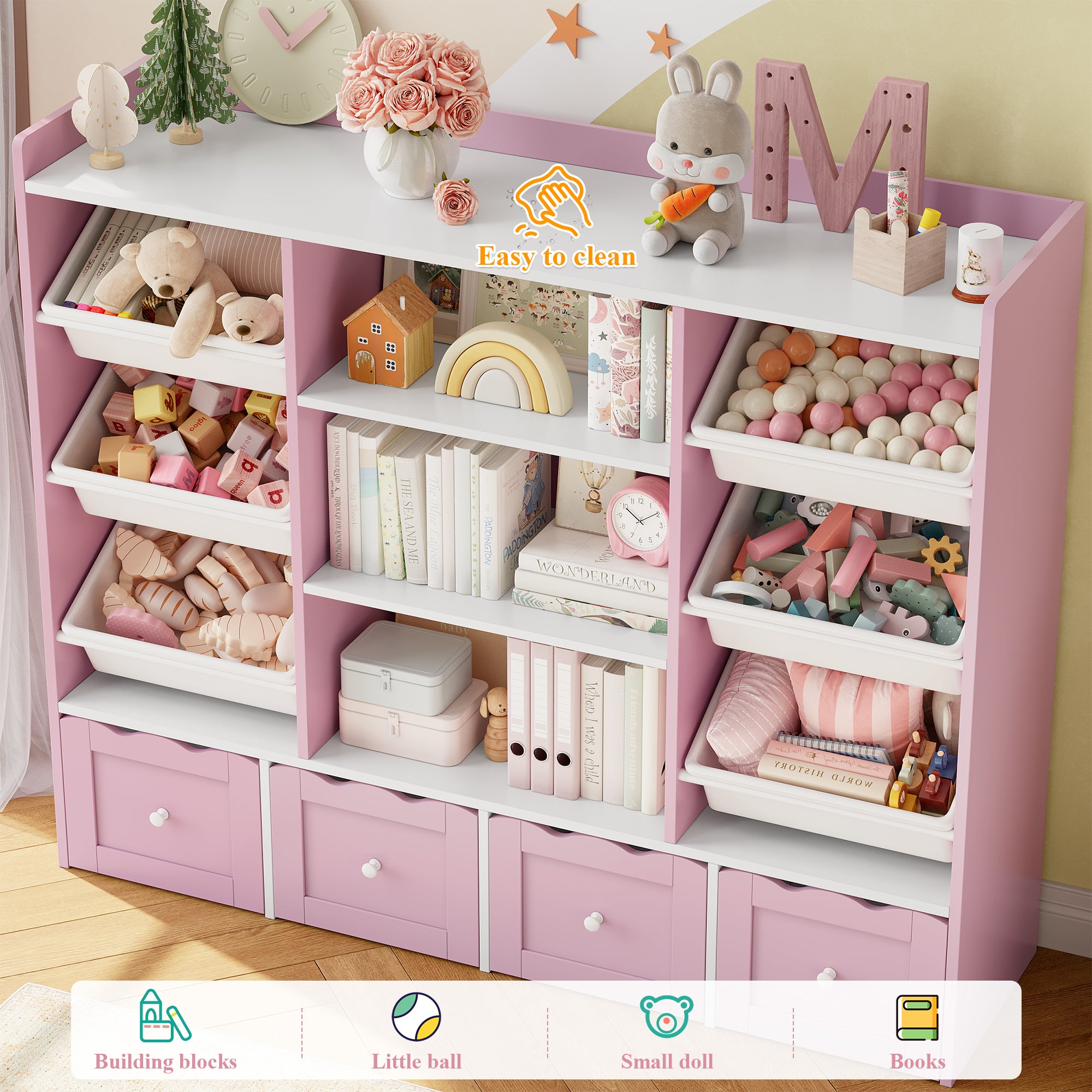 Hiphuta 55" Wide Toy Storage Organizer with 4 Removable Drawers, 4-Tier Kid Bookcase with 6 Bins, Toy Organizer with Bookcase for Kid Bedroom Playroom, Pink & White