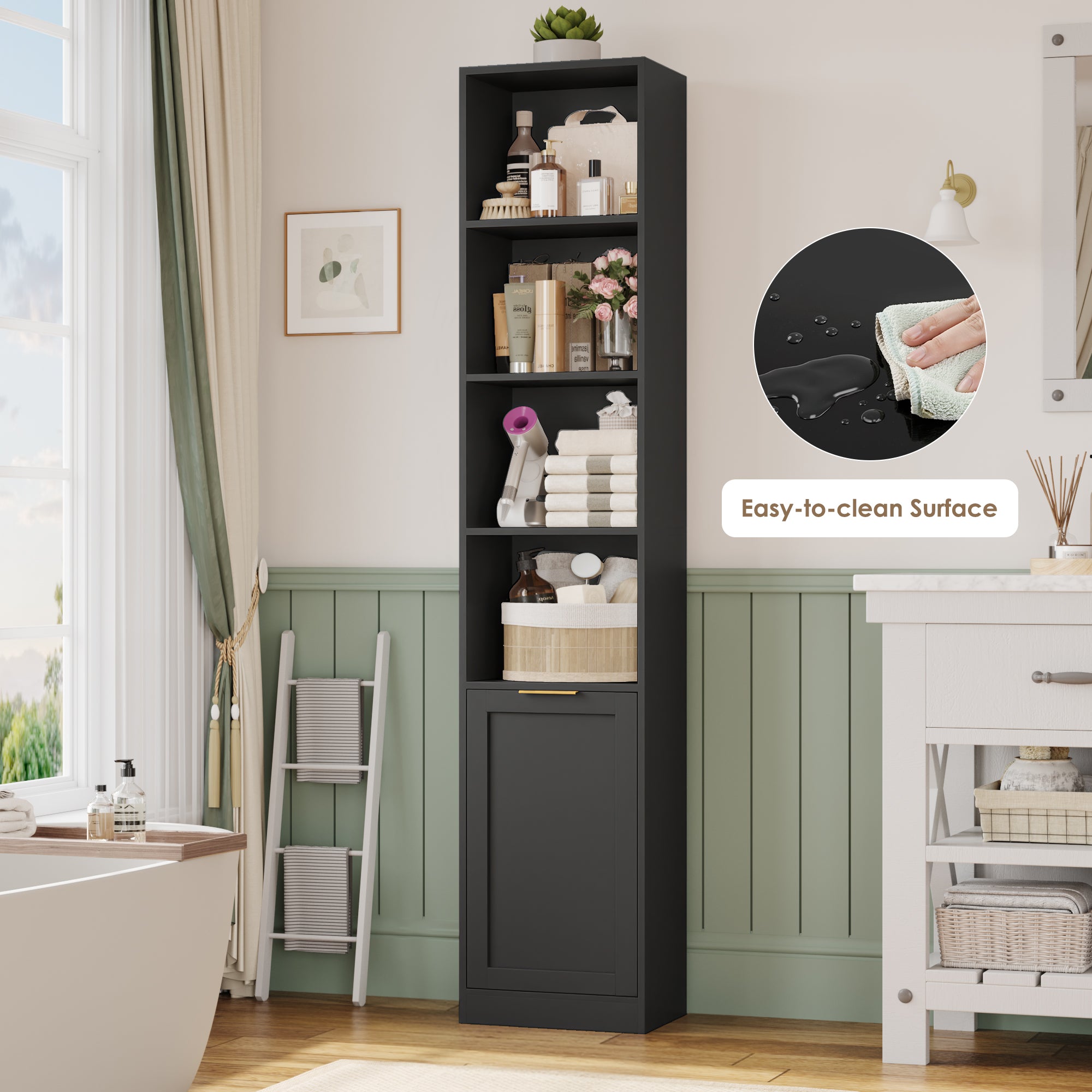 Hiphuta 73.5" Tall Bathroom Storage Cabinets with Adjustable Shelves, 6-Tier Narrow Cabinet, Bathroom Storage Tower for Small Spaces, Black