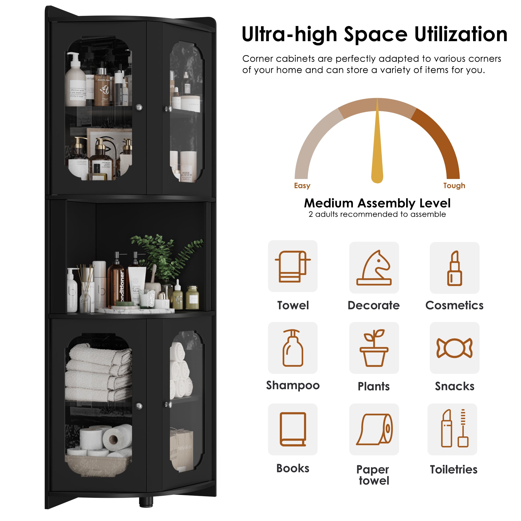 Hiphuta Tall Corner Cabinet, Bathroom Storage Cabinet with Glass Door Design & Adjustable Shelves, Home Space Saver for Bathroom, Living Room, Black