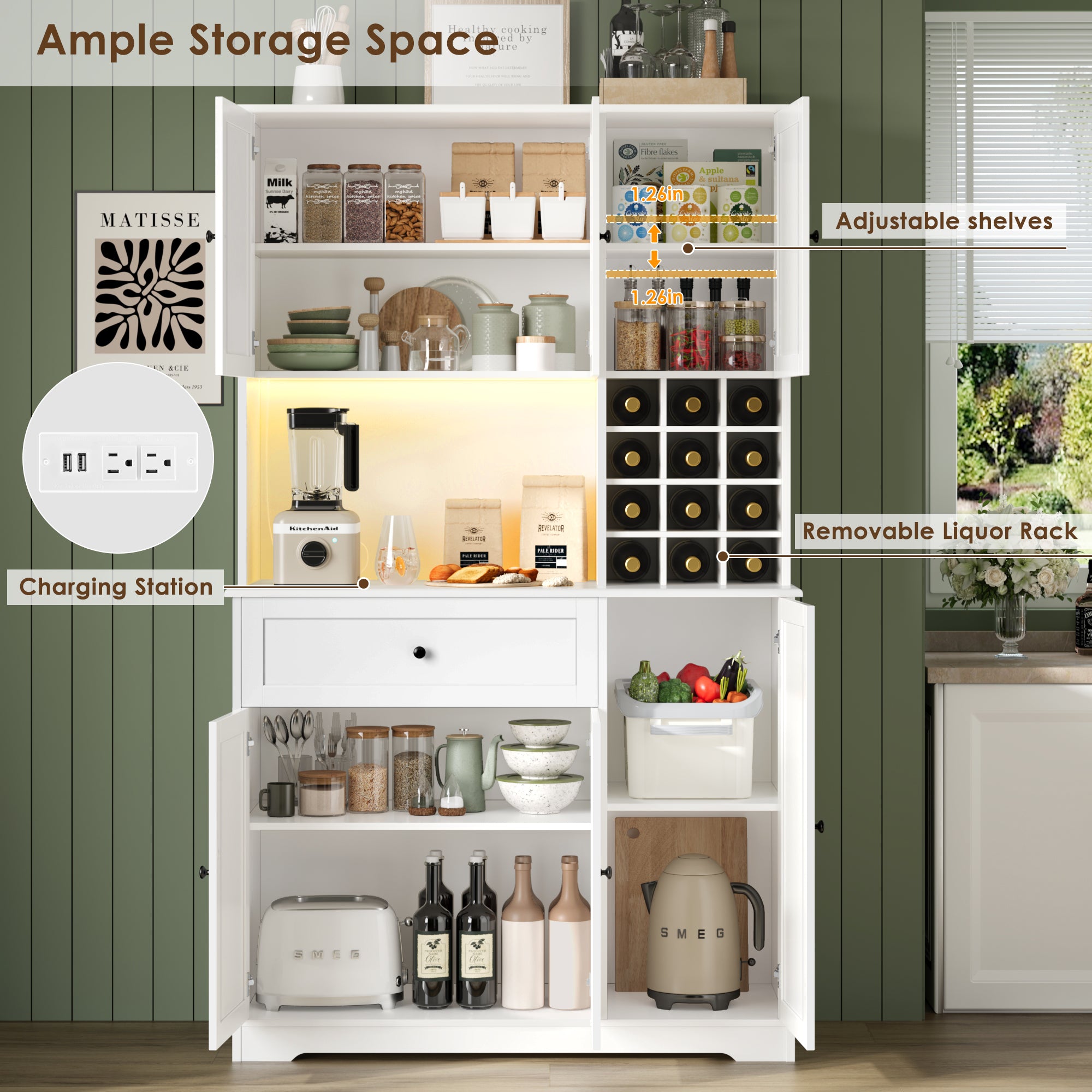 Hiphuta 71" Pantry Cabinet with Charging Station, Kitchen Pantry Storage Cabinet with Microwave Stand & Wine Rack, Kitchen Hutch Cabinet with Storage Drawers, Food Pantry Cabinet with Countertop for Dining Room, White