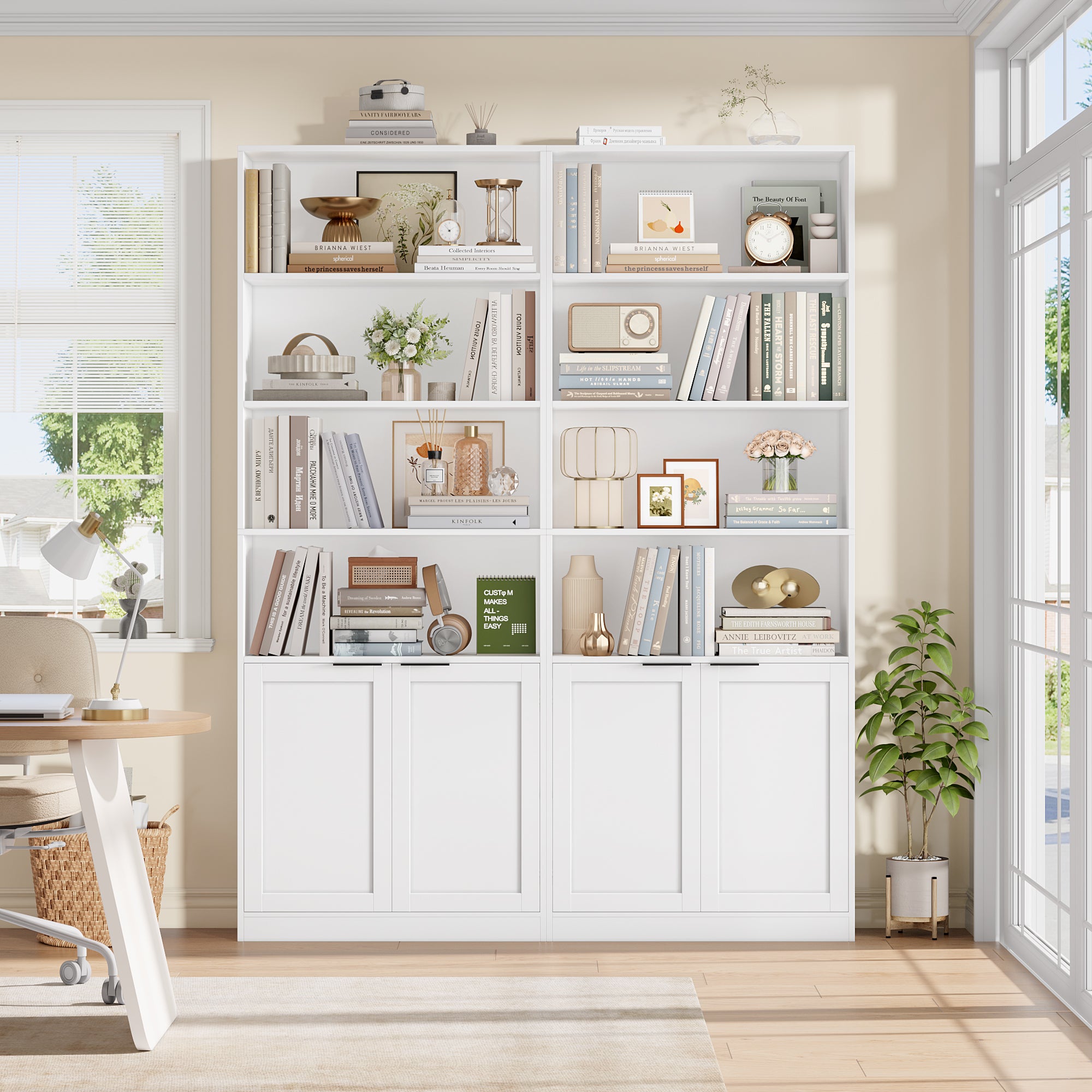 Hiphuta 73" Tall 6 tier Bookcase, Minimalist Single Row Bookshelf with 2 Doors, Modern Wooden Bookcase for Office, Living Room, White