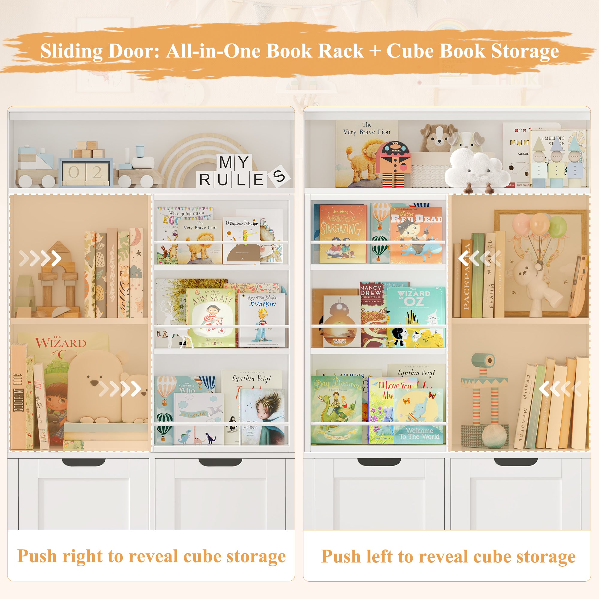 Hiphuta Kid Toy Storage with Bookshelf, Kid Toy Organizer with 4 Removable Drawers, Kid Bookcases with Toy Box for Kid Bedroom Playroom, White