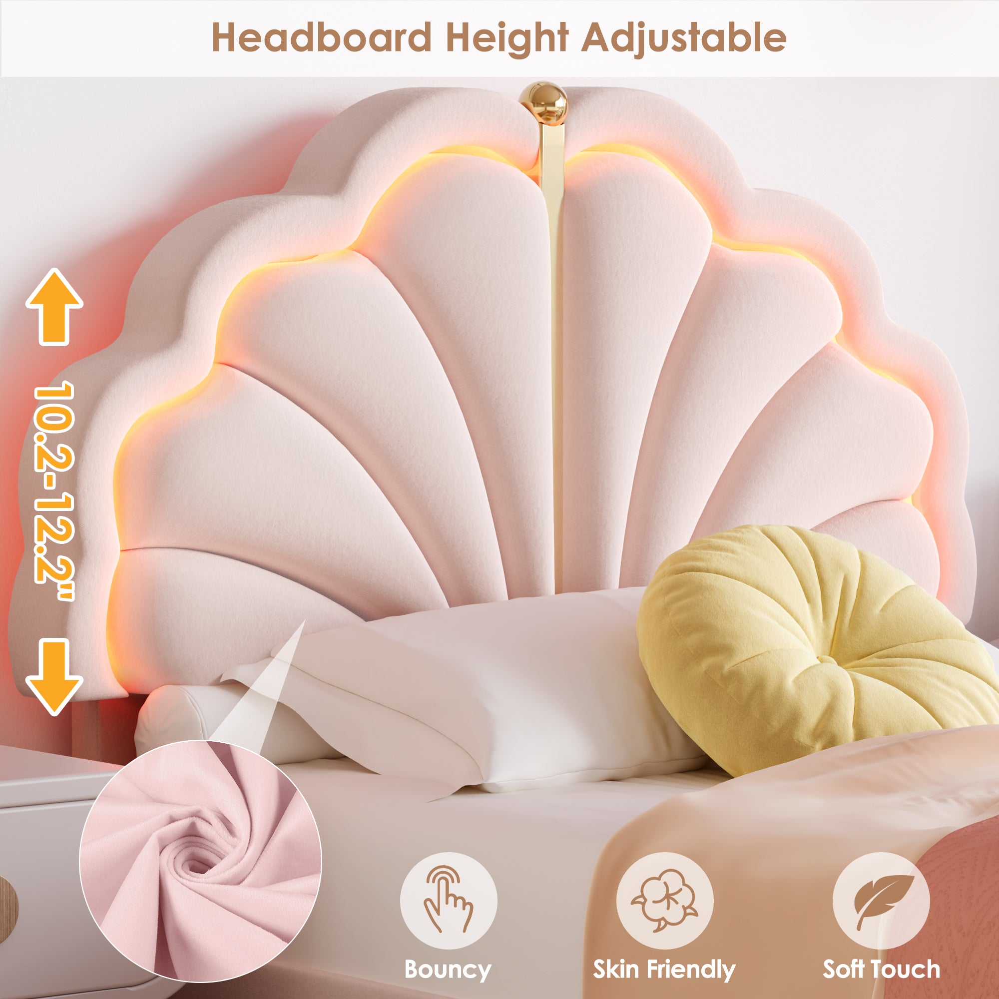 Hiphuta Kids LED Twin Bed with 2 Drawers, LED Lights Platform Bed Frame with Upholstered Tufted Headboard, No Box Spring Needed, Velvet Pink