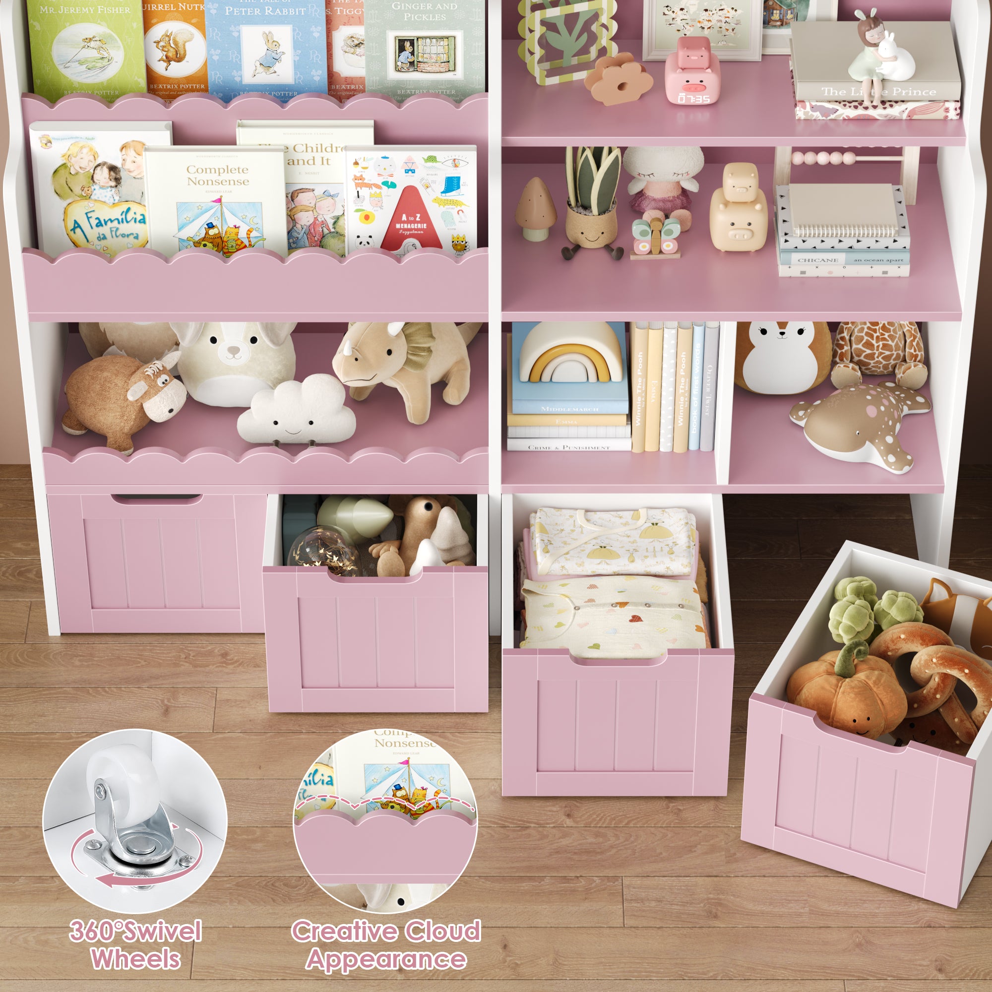 Hiphuta 47”Wide Large Kids Toy Storage Organizer, Wood Toy Cabinet with Book Rack & Movable Bins, Pink Toy Box for Kids Bedroom