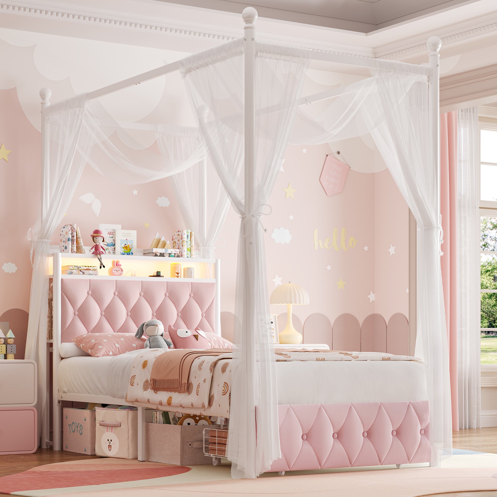 Hiphuta Twin Size Upholstered Princess Canopy Bed with Charging Station & Storage Drawer, LED Platform Bed with 4 Removable Posts, Twin Bed for Kids, Curtain Not Included, Pink