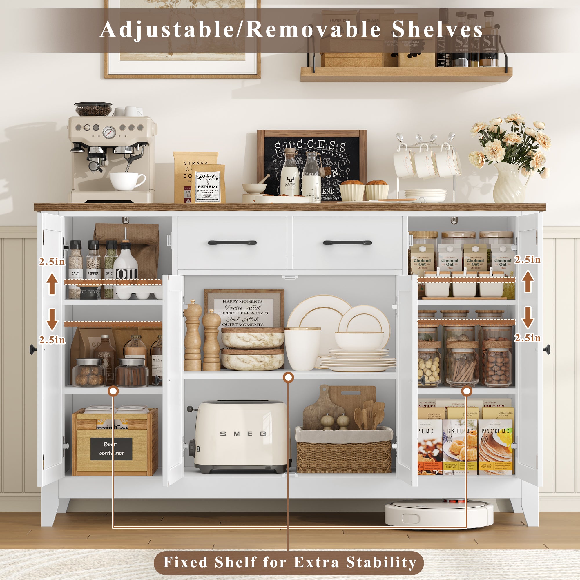 Hiphuta 55" Wide Buffet Cabinet with 2 Drawers & Adjustable Shelves, Modern Coffee Bar Cabinet with 2 Drawers and Sturdy Base for Living Room, White