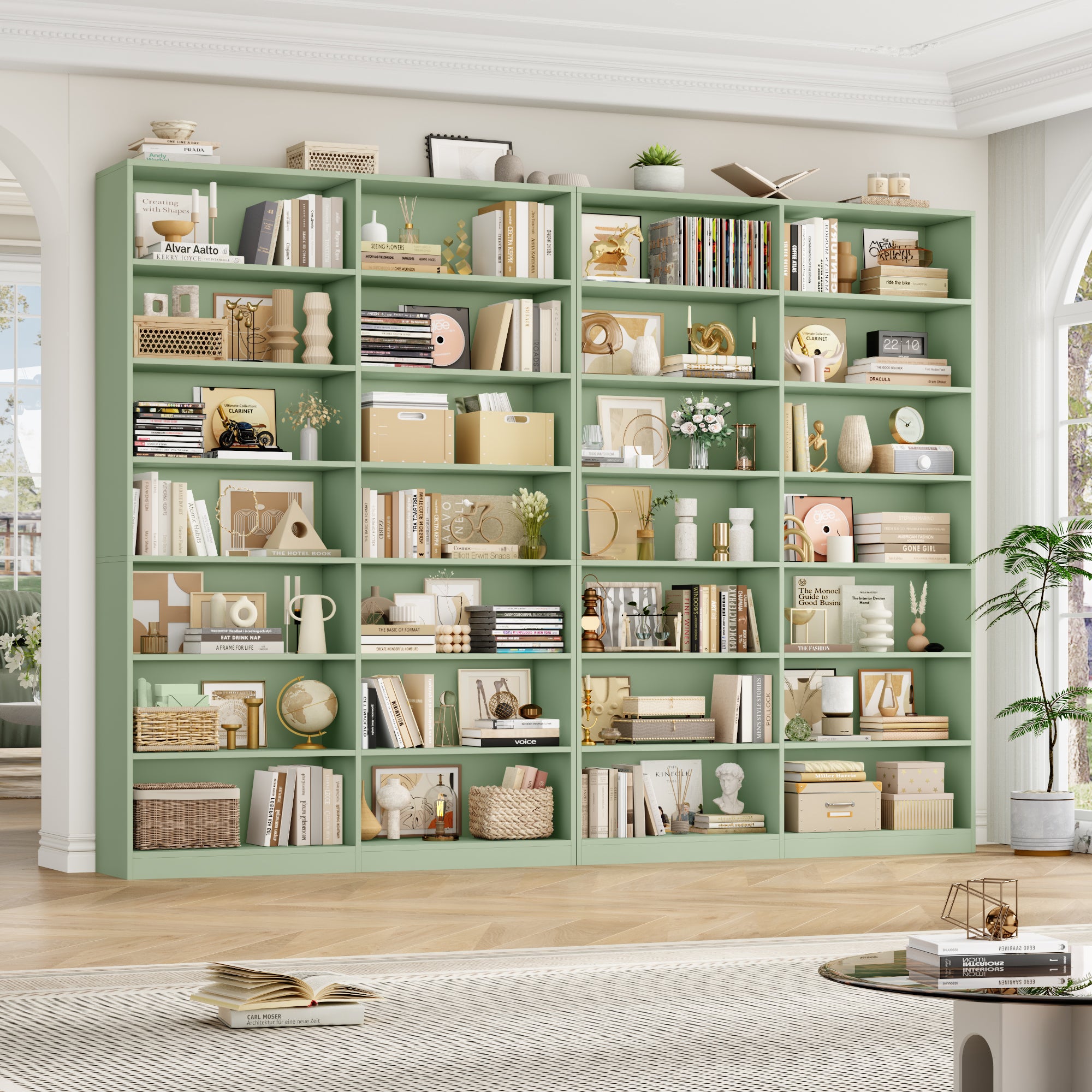 Hiphuta 84"H Wooden Double 7-Tier Tall Bookcase, Standard Bookcase for Living Room and Office, Freestanding Display Storage Shelves, Green