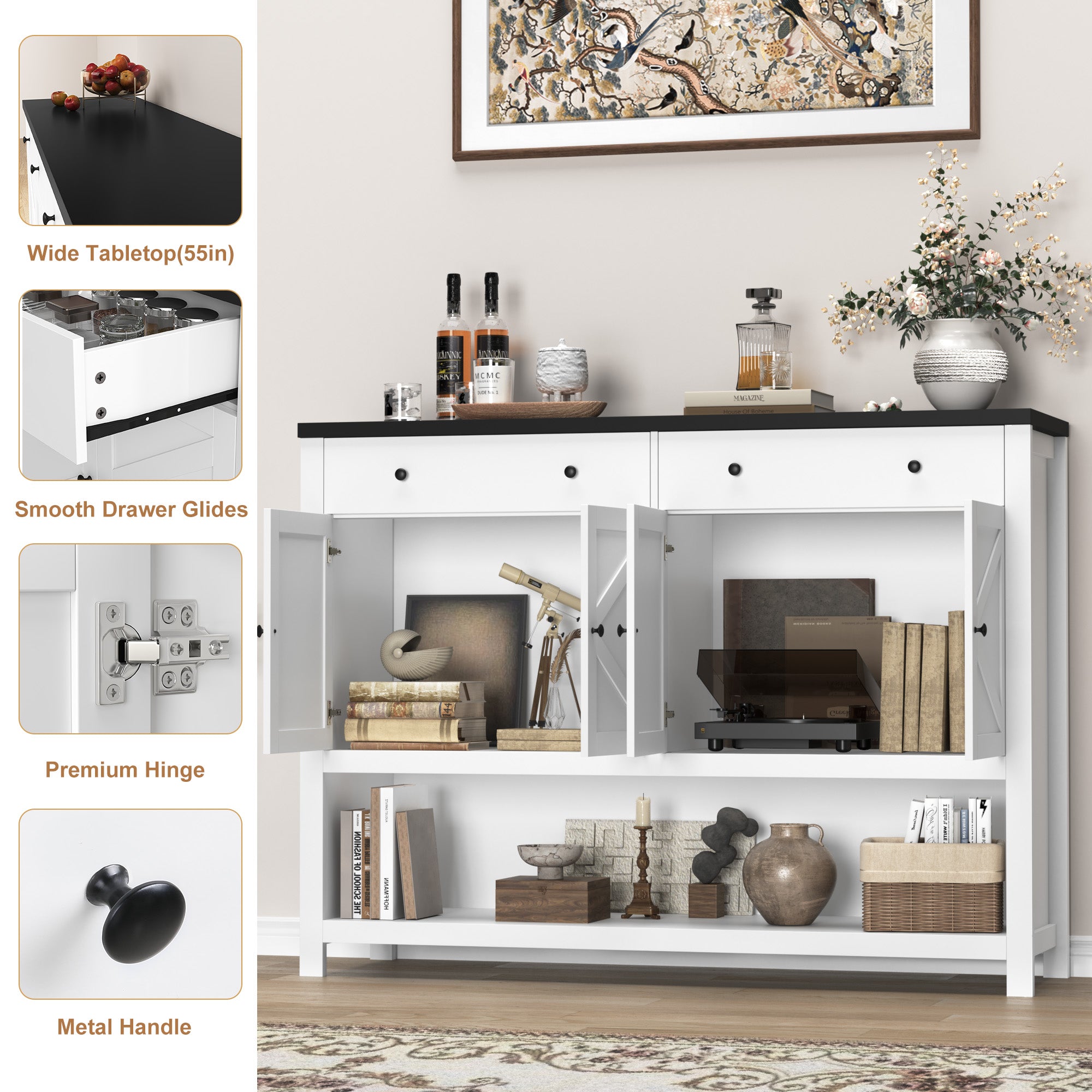Hiphuta 55" Wide Console Table with 2 Drawers and 2 Double-Door Cabinet, Farmhouse Sideboard with Black Top, White
