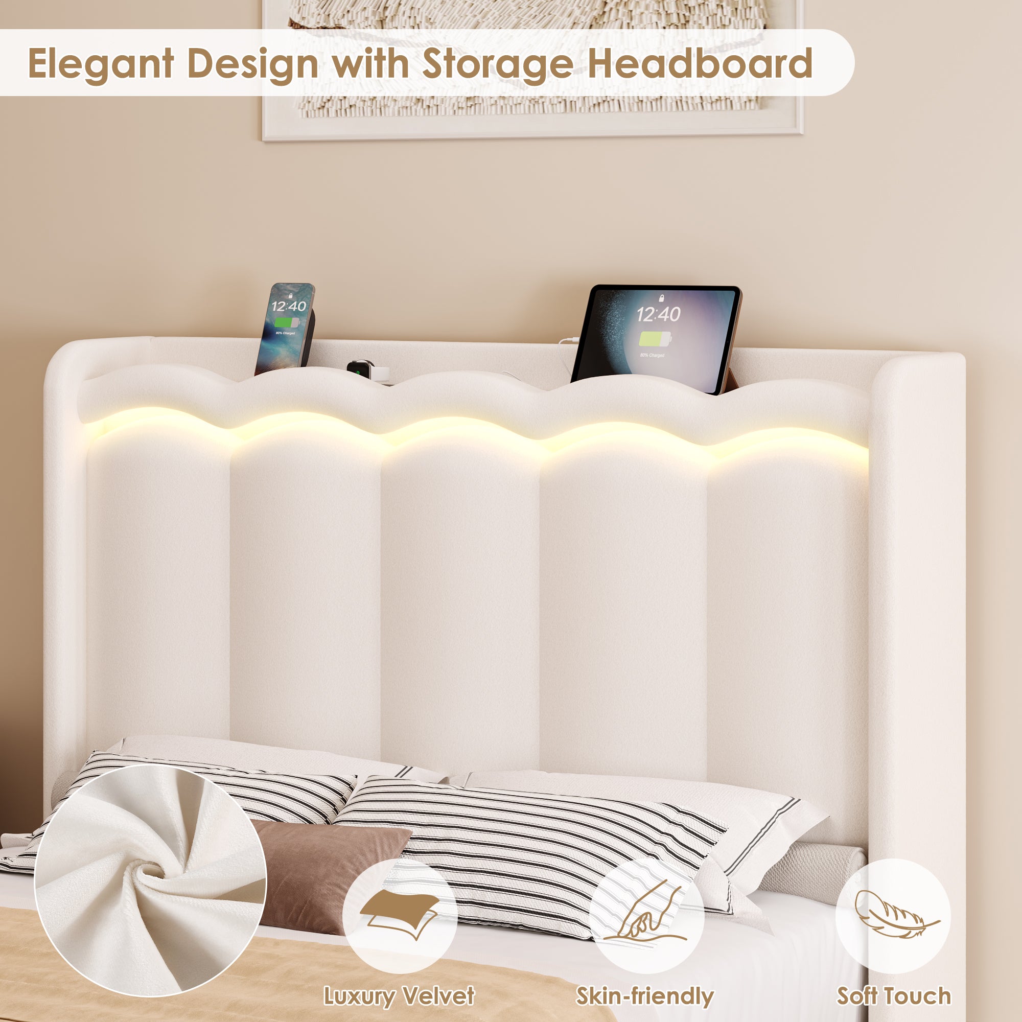 Hiphuta Full Size Bed with Power Outlet & LED, Upholstered Princess Beds with Drawer, Full Beds with Headboard Storage, Beige