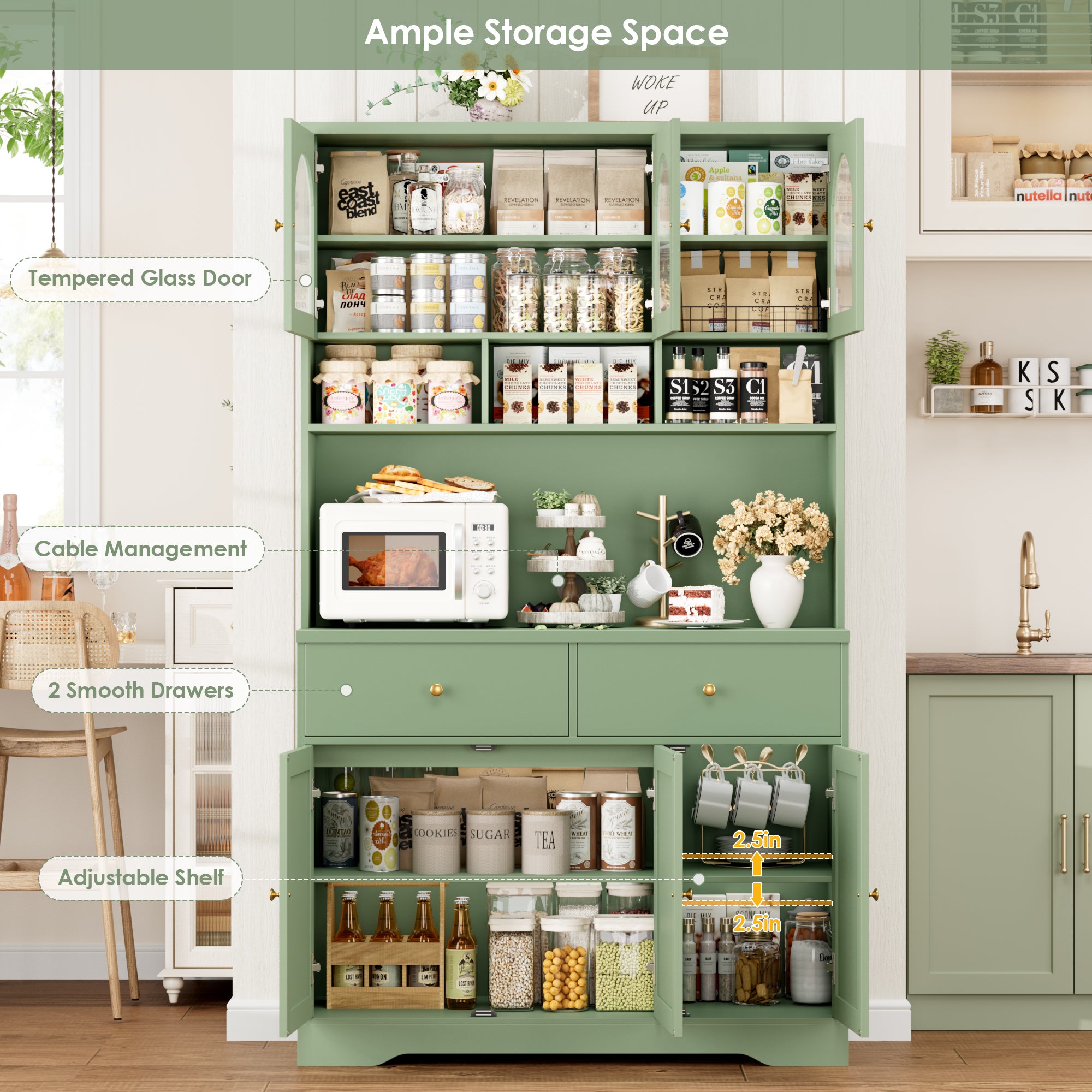 Hiphuta 71"in Modern Kitchen Pantry Storage Cabinet, Freestanding Kitchen Hutch Cabinet with Adjustable Shelves & Microwave Stand, Modern Coffee Hutch for Dining Room, Green