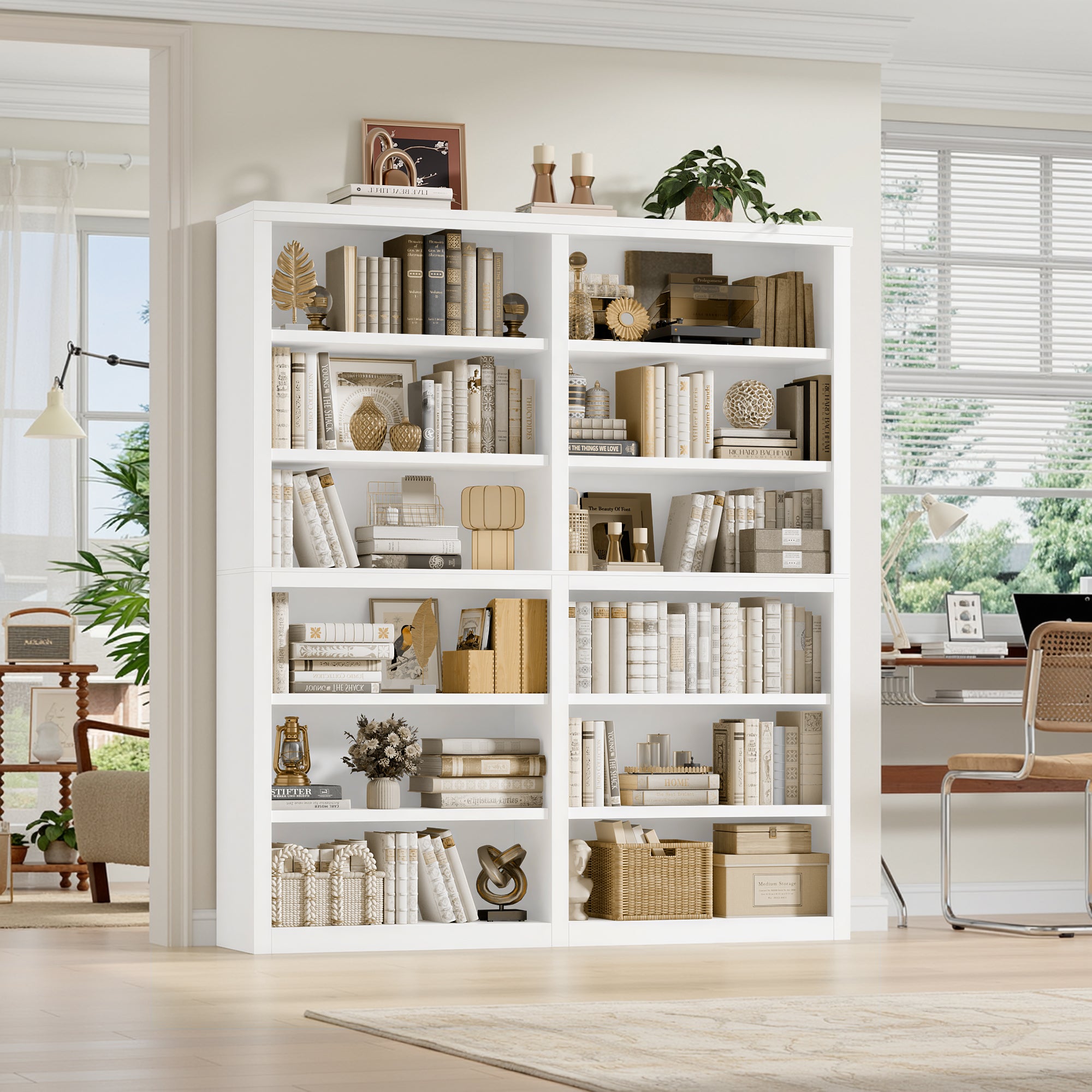 Hiphuta 63"W Extra Large and Sturdy Bookcase, Double Wide 6-Tier Bookshelf, White