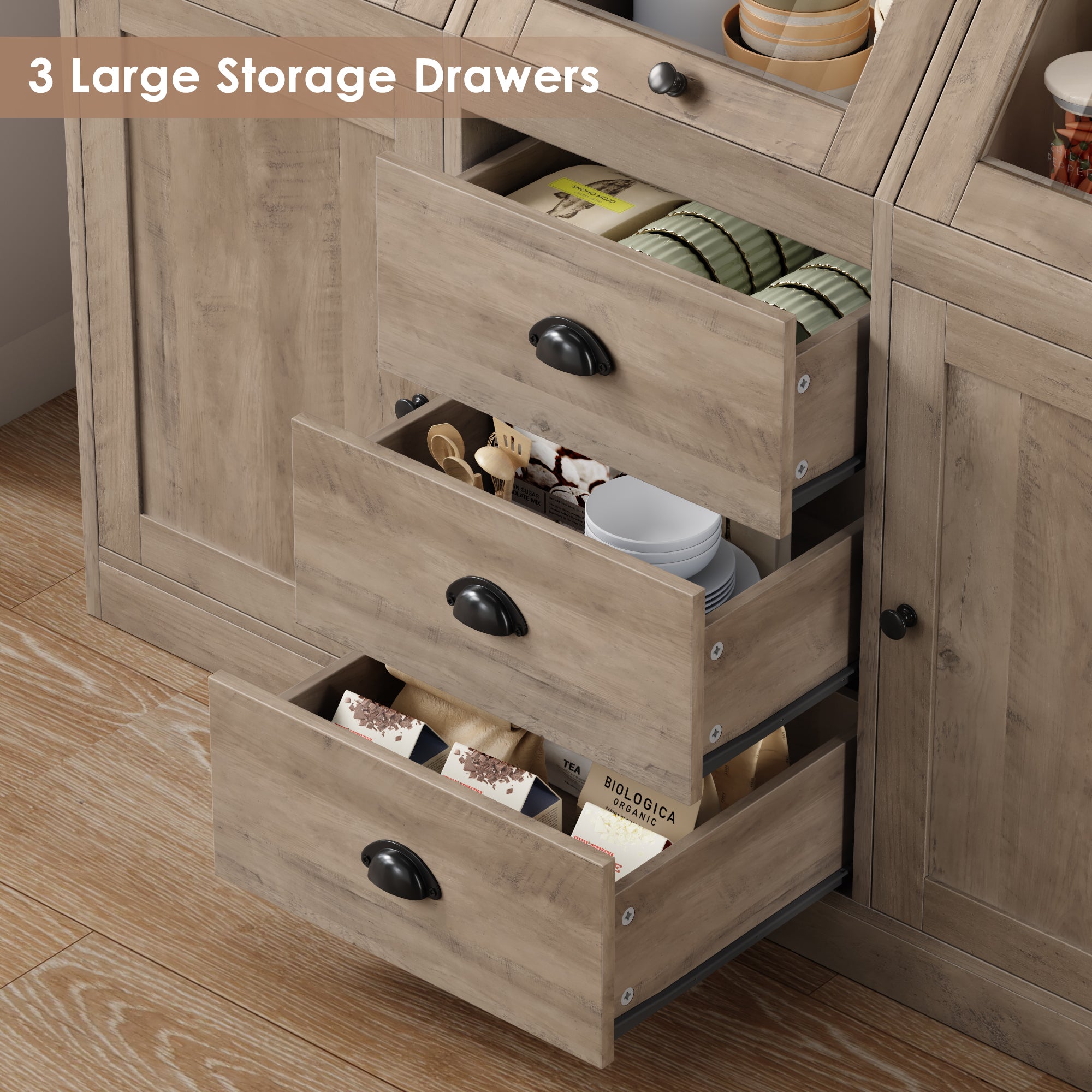 Hiphuta Farmhouse Kitchen Pantry Storage Cabinet, 71”H Freestanding Hutch with 8 Doors and 3 Drawers for Dining and Living Room, Brown