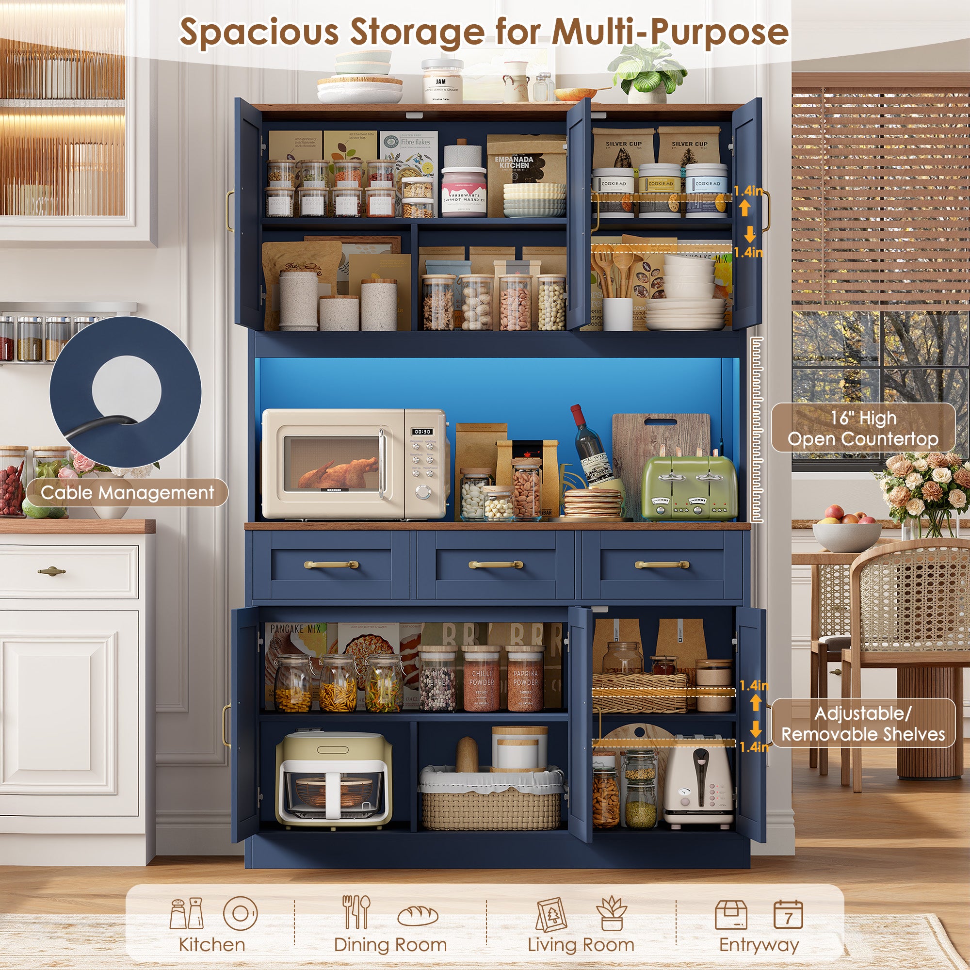 Hiphuta 72" Tall Kitchen Pantry Storgae Cabinet with RGB LED, Hutch Cabinet with Charging Station and Adjustable Shelves for Dining Room, Blue