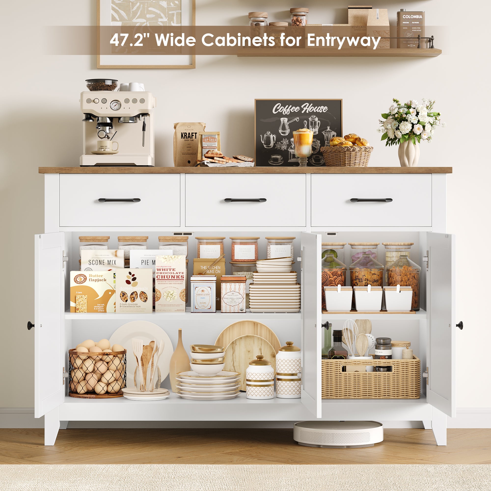 Hiphuta 47"W Buffet Cabinet with Adjustable Shelf, Modern Farmhouse Coffee Bar with 3 Drawers and Sturdy Base for Small Space and Living Room, White