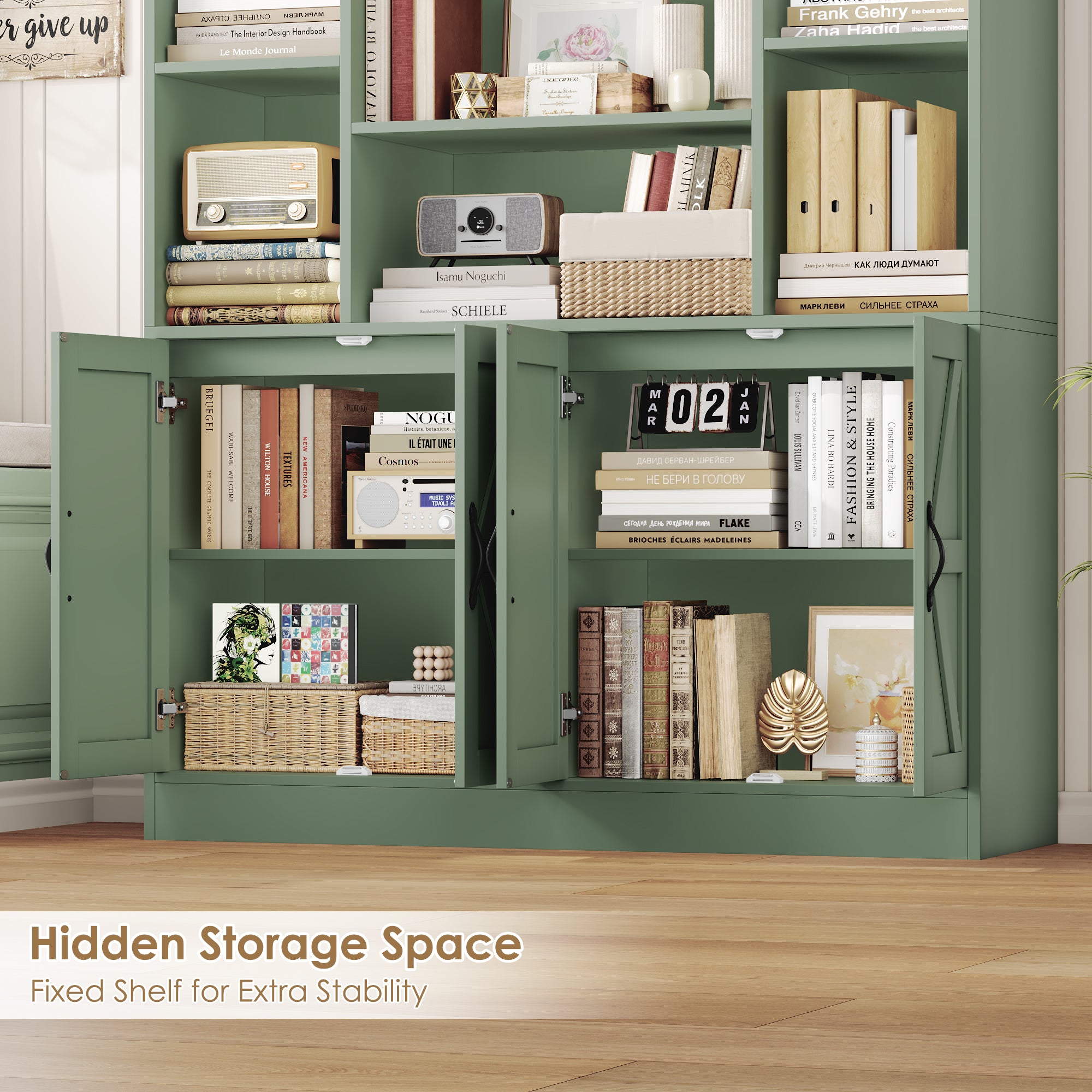 Hiphuta 75" Tall Modern Bookcases with 2 Double Door Cabinet, 47"Wide Wooden Storage Bookshelf for Living Room Home Office Entryway, Green