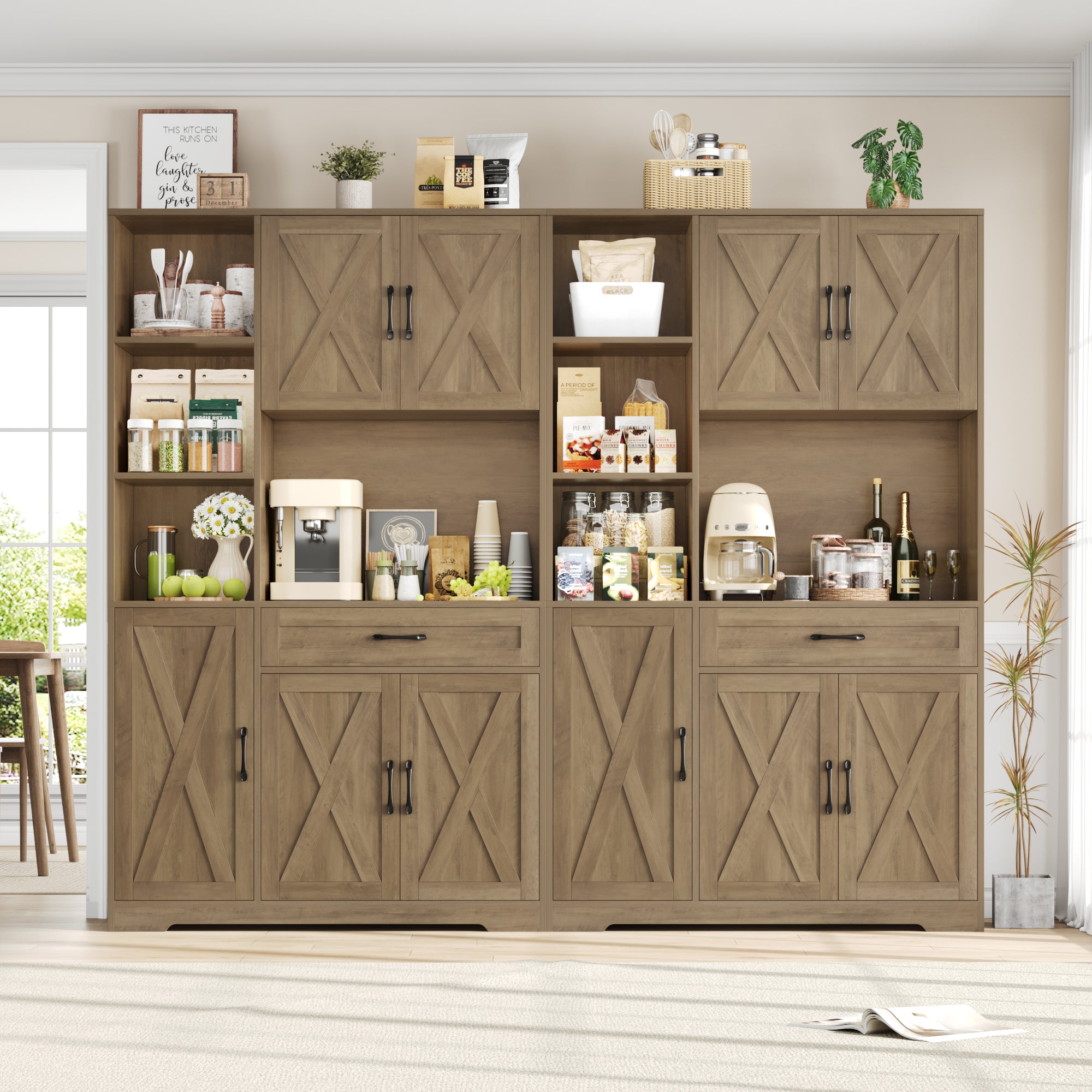 Hiphuta 71" Farmhouse Kitchen Pantry Storage Cabinet, Freestanding Hutch with Doors, Shelves & Microwave Stand, Cupboard for Dining Room, Rustic Brown