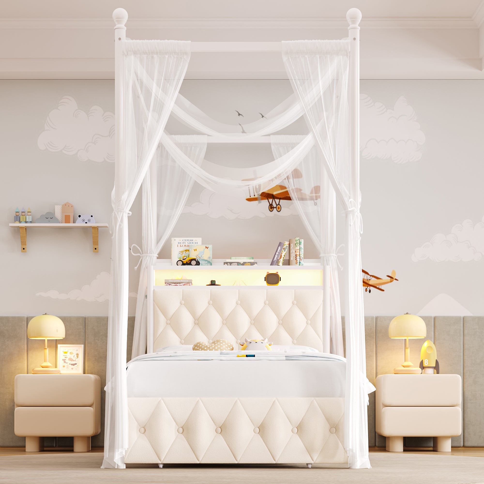 Hiphuta Twin Size Upholstered Princess Canopy Bed with Charging Station & Storage Drawer, LED Platform Bed with 4 Removable Posts, Twin Bed for Kids, Curtain Not Included, Beige