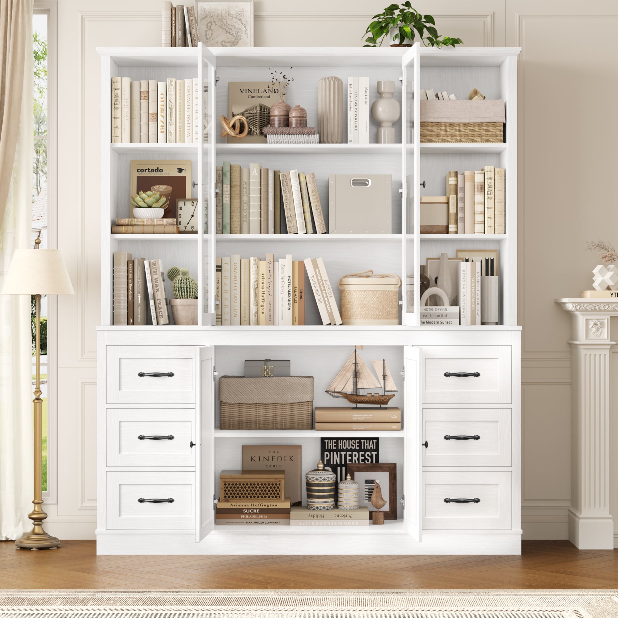 Hiphuta 74 in Tall Bookcase with 6 Drawers, Large Bookcase with Glass Door and Adjustable Shelves, Farmhouse Bookcase for Office Living Room, White