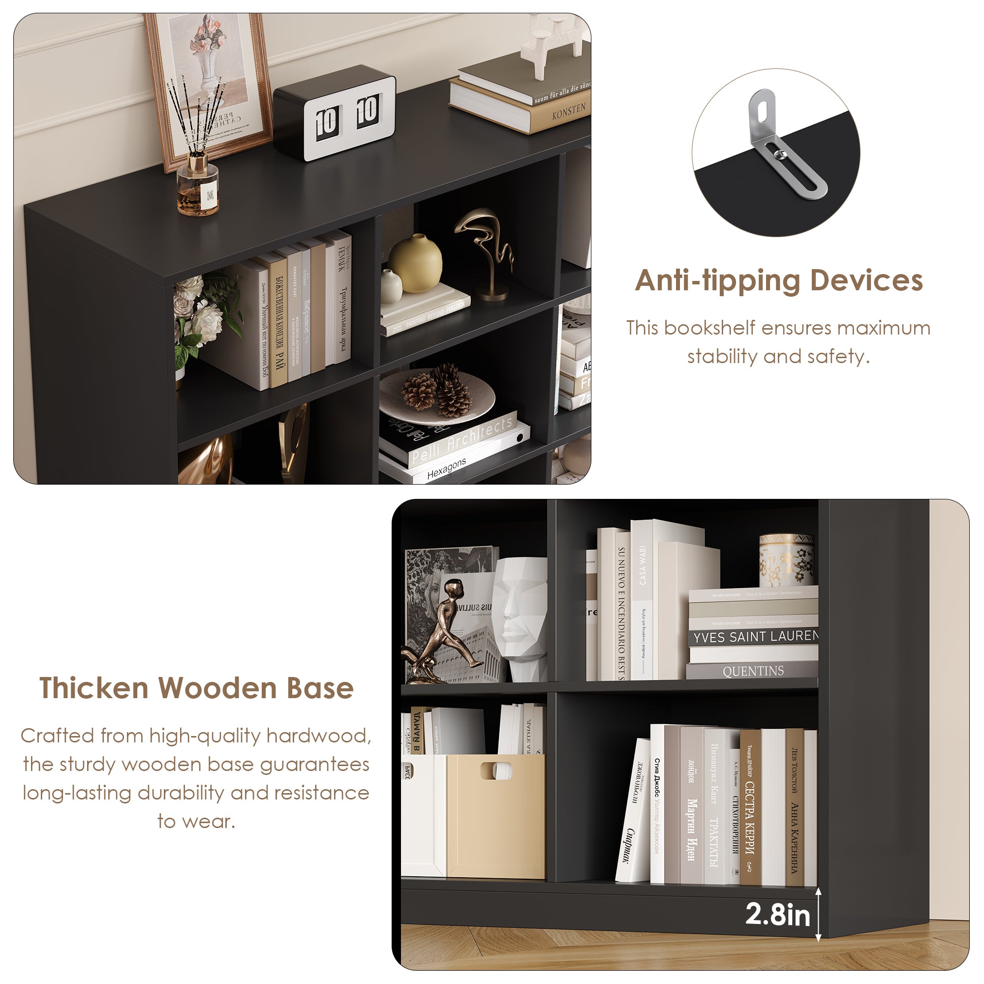 Hiphuta 86"H x 47"W Wood Triple 7-Tier Standard Bookcase, Tall Bookcase for Bedroom, Living Room and Office, Freestanding 21 Cubes Display Storage Shelves, Black