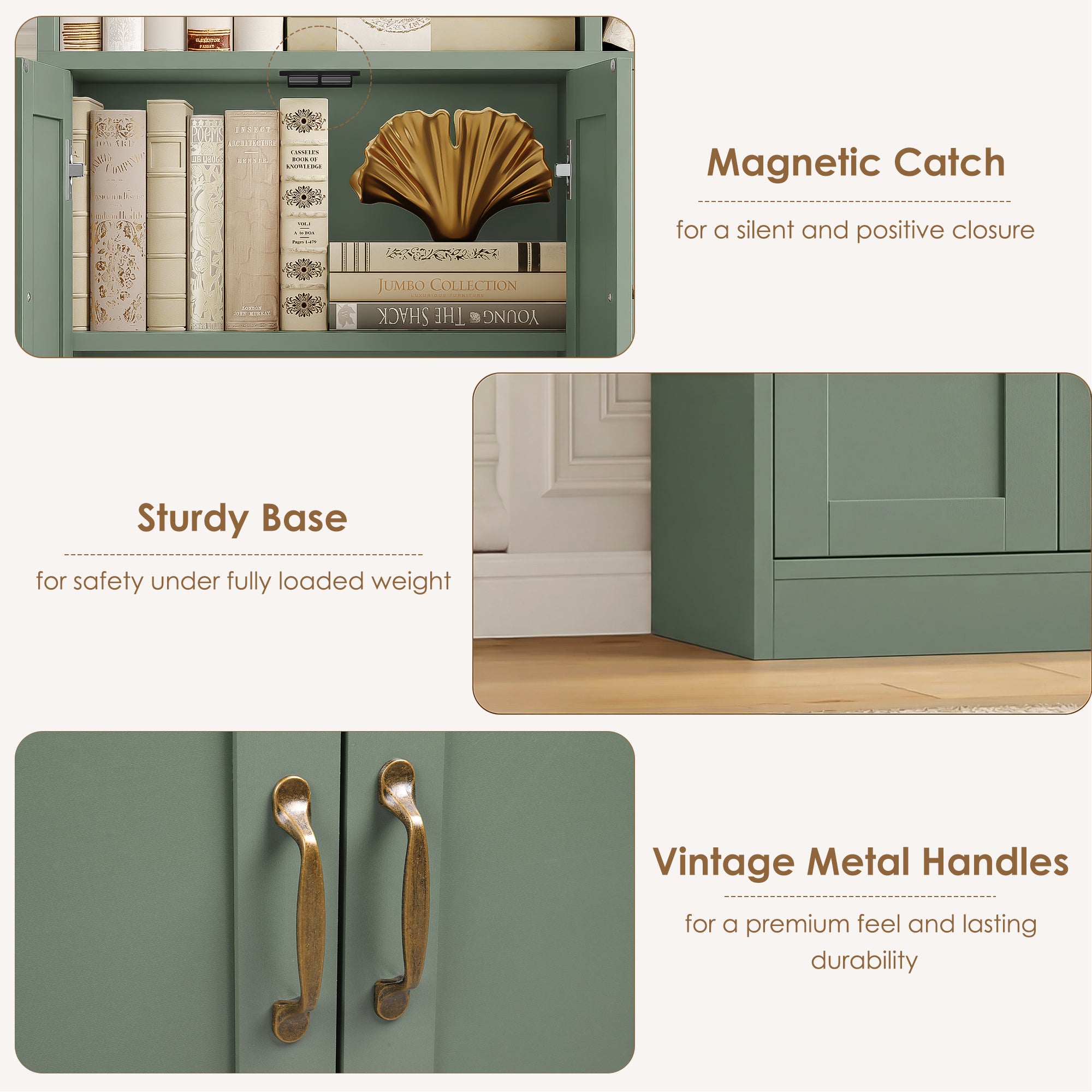 Triple Row 4-tier Bookcase, Large Bookcase with 4 Doors and 2 Drawers, Modern Minimalist Bookcase for Office Living Room, Green