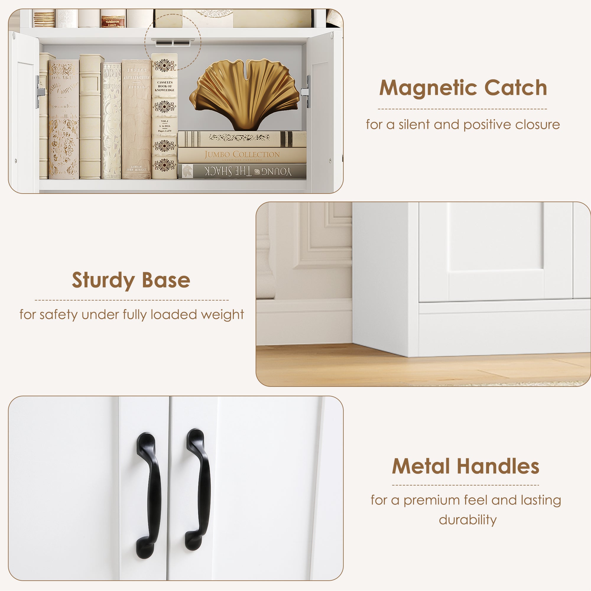Hiphuta Triple Row 4-tier Bookcase, Large Bookcase with 4 Doors and 2 Drawers, Modern Minimalist Bookcase for Office Living Room, White