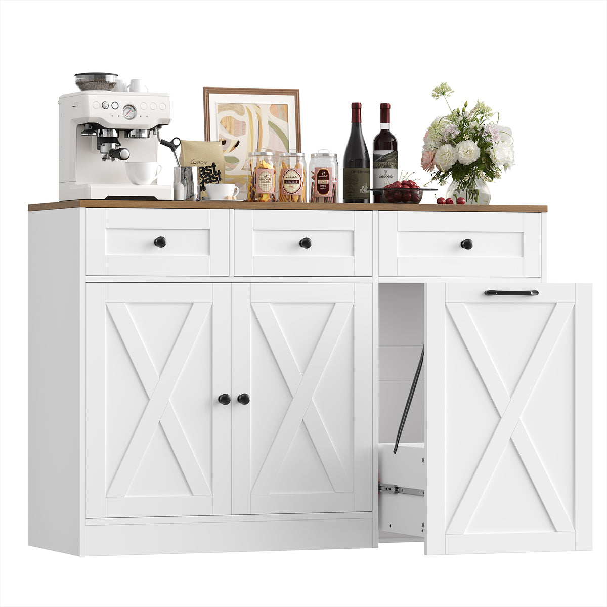 Hiphuta Trash Can Buffet Cabinet Fits 13 Gallon, 47"W Farmhouse Credenza Sideboard with Hidden Garbage Can Cabinet for Dining and Living Room, White