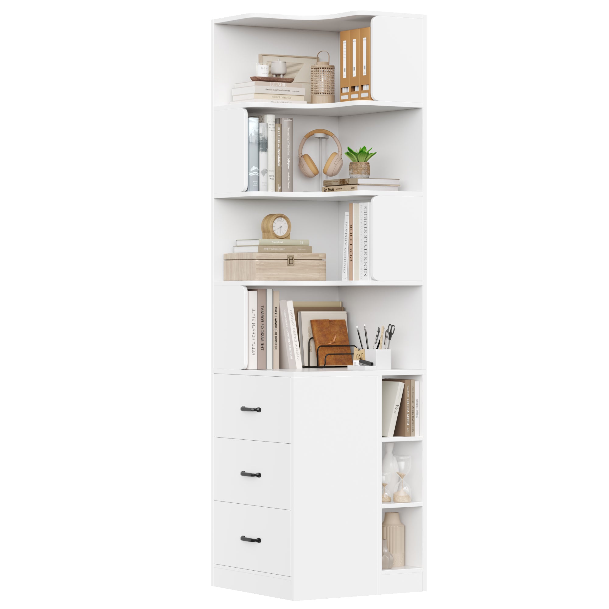 Hiphuta 77"Tall L-Shaped Corner Bookshelf with Drawers and Side Storage, Modern Wood Bookcase with 4-Tier Display Shelves Storage Cabinet for Living Room Home Office , White