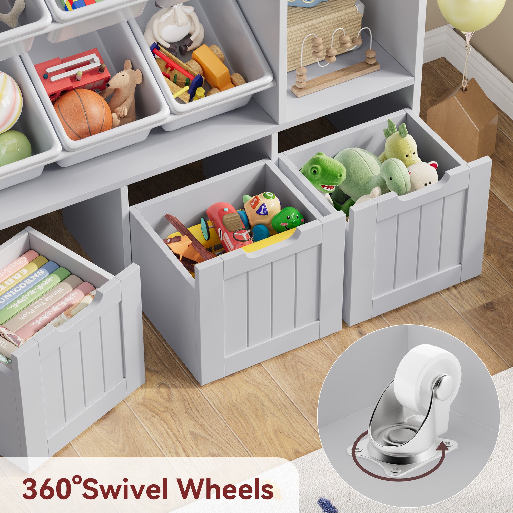 Hiphuta Large 4 Tier Kids Toy Organizer, Wood Toy Organizer of 6 Bins& 4 Removable Drawers, Children's Bookcase for Family Room, Gray