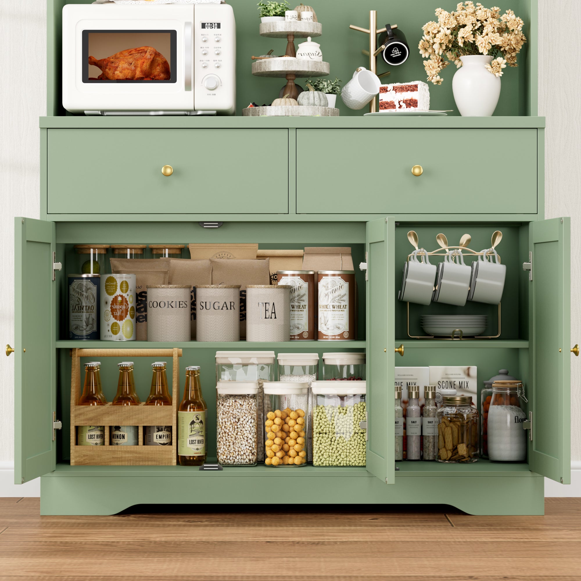 Hiphuta 71"in Modern Kitchen Pantry Storage Cabinet, Freestanding Kitchen Hutch Cabinet with Adjustable Shelves & Microwave Stand, Modern Coffee Hutch for Dining Room, Green