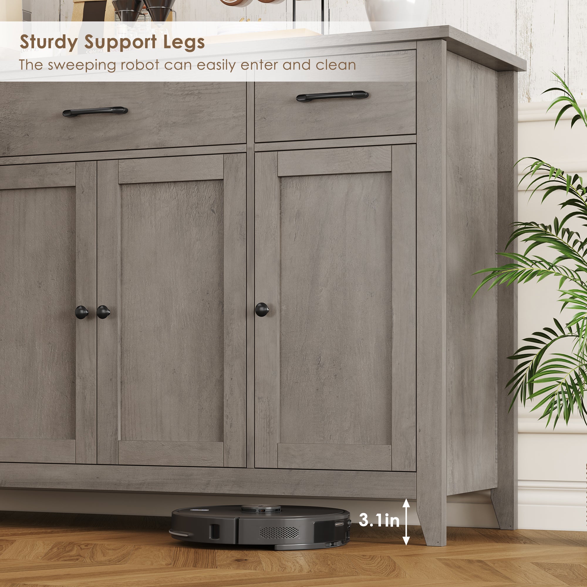 Hiphuta 55"Wide Buffet Cabinet with 2 Adjustable Shelves, Modern Farmhouse Coffee Bar with 3 Drawers and Sturdy Base for Living Room, Ash Gray