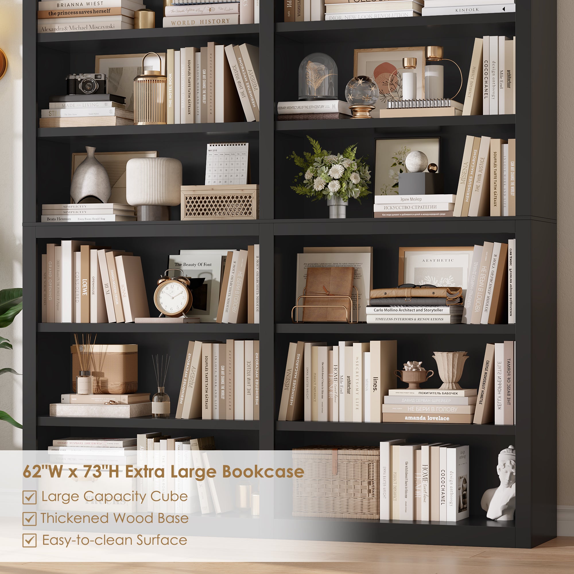 Hiphuta 63"W Extra Large and Sturdy Bookcase, Double Wide 6-Tier Bookshelf, Tall Bookcase for Home Office and Living Room, Wooden Freestanding Display Shelf, Black