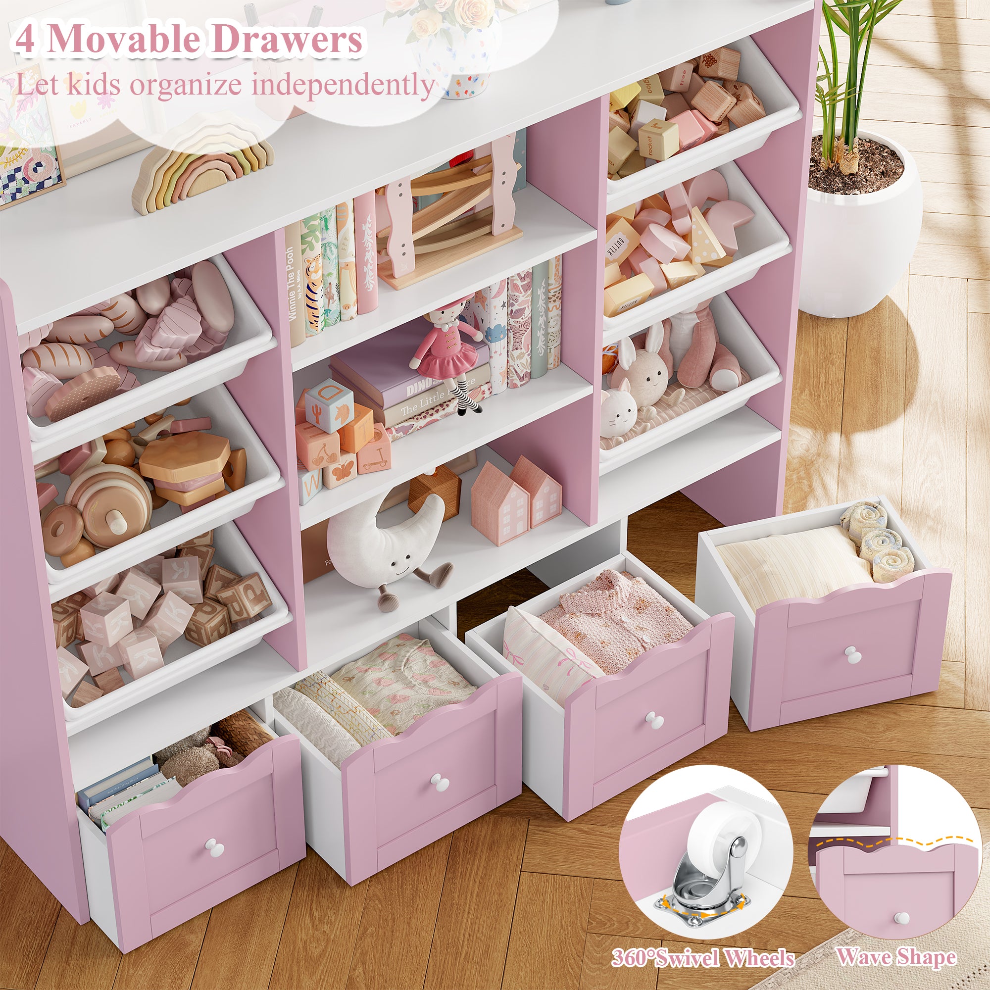 Hiphuta 55" Wide Toy Storage Organizer with 4 Removable Drawers, 4-Tier Kid Bookcase with 6 Bins, Toy Organizer with Bookcase for Kid Bedroom Playroom, Pink & White