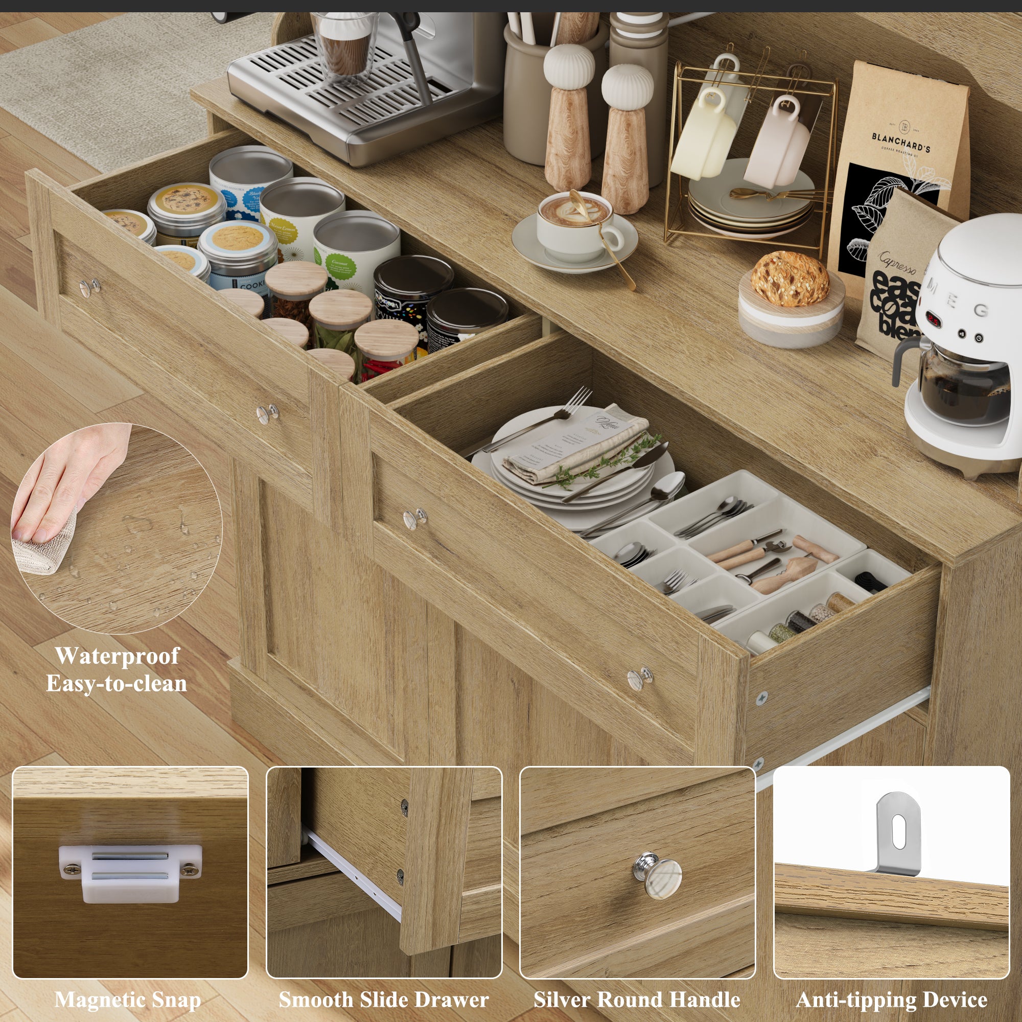 Hiphuta 72” Tall Kitchen Pantry Storage Cabinet with Power Outlet, Freestanding Cupboard Storage Buffet Hutch with Microwave Stand, Storage Pantry with Drawers & Glass Doors, Oak