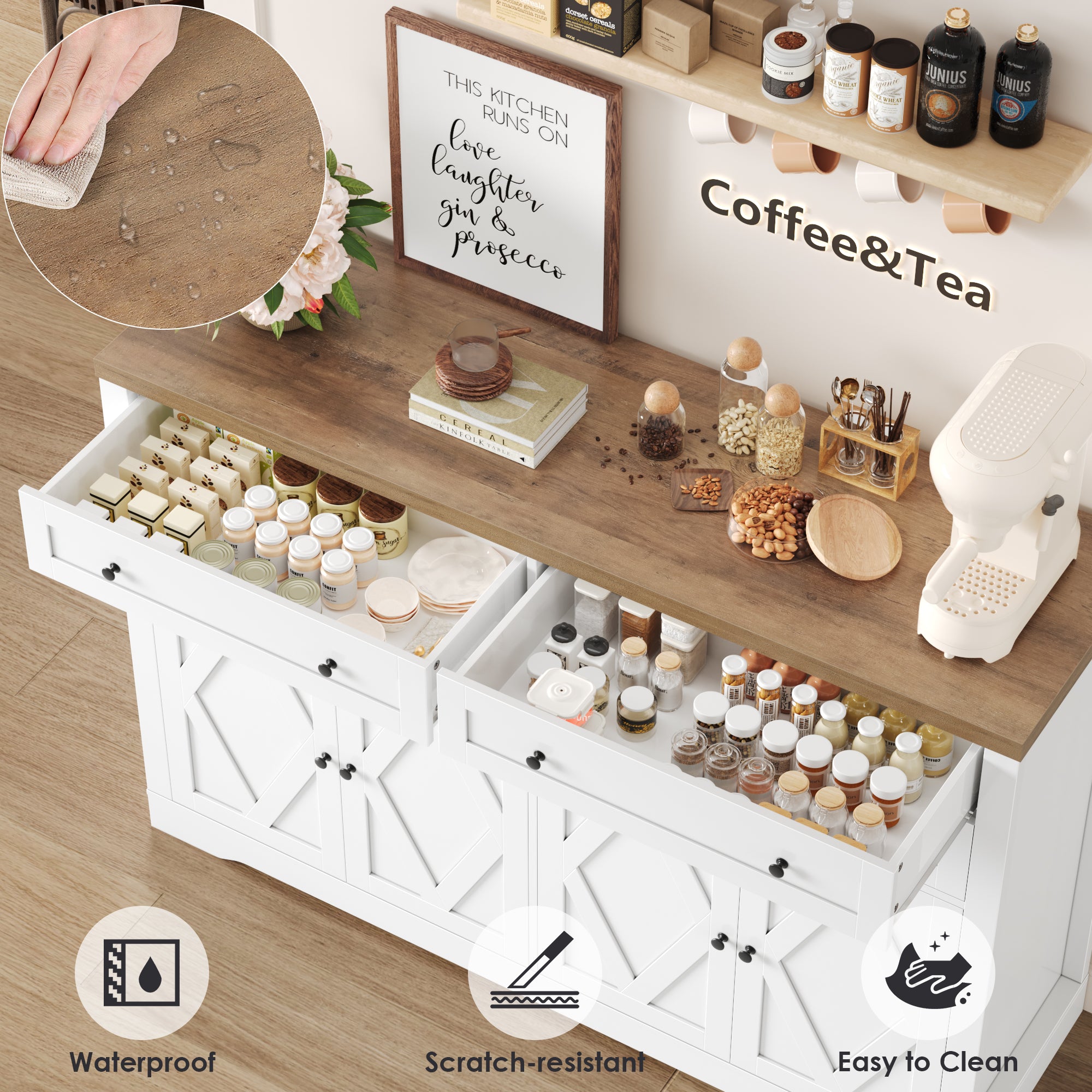 Hiphuta 55" Wide Farmhouse Buffet Storage Cabinets with 2 Adjustable Shelves & 4 Drawers for Living Room, White