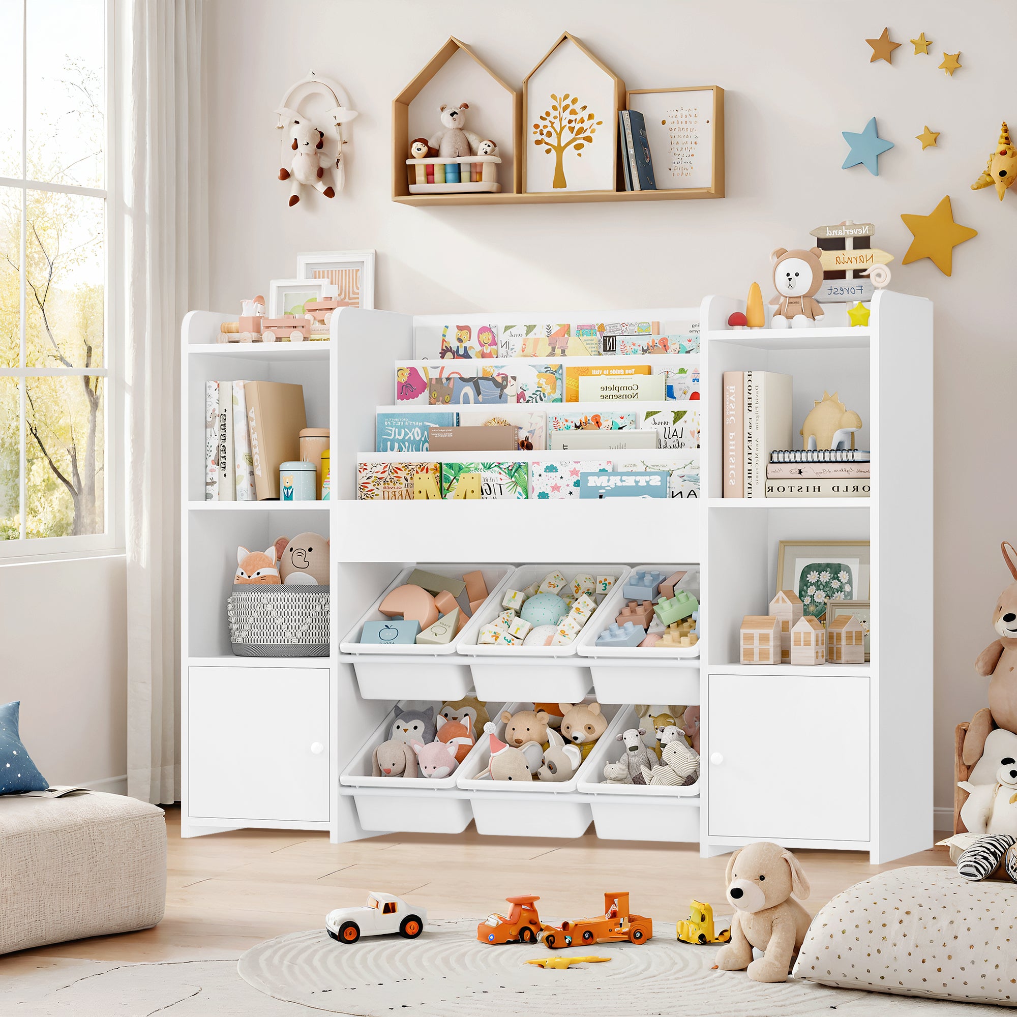 Hiphuta Kids Bookshelf with Toy Storage Organizer, Wood Bookcase Toy Organizer with 6 Removable Bins, Book Shelf for Kids Bedroom Playroom, White