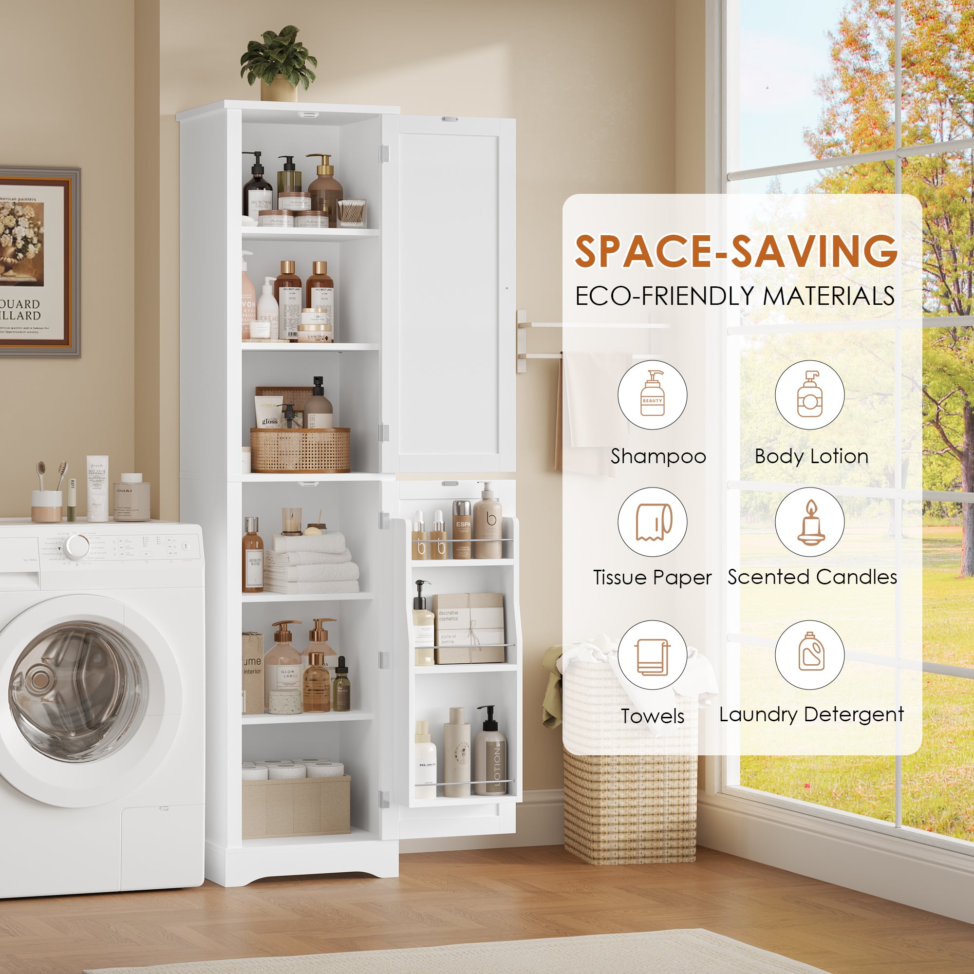 Hiphuta 71" Tall Bathroom Storage Cabinets with Adjustable Shelves, Narrow Cabinet with Door Shelves, Bathroom Storage Tower for Small Spaces, White